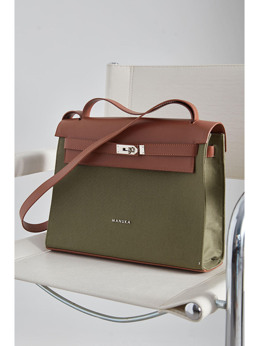 Deri Detaylı Kanvas Çanta Yeşil