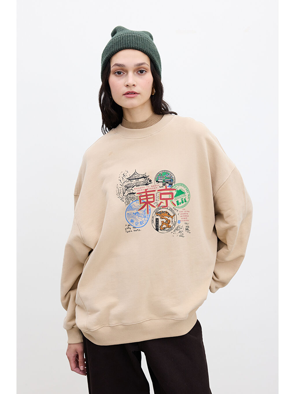 Kahverengi Baskı Detaylı Oversize Sweatshırt Camel-5