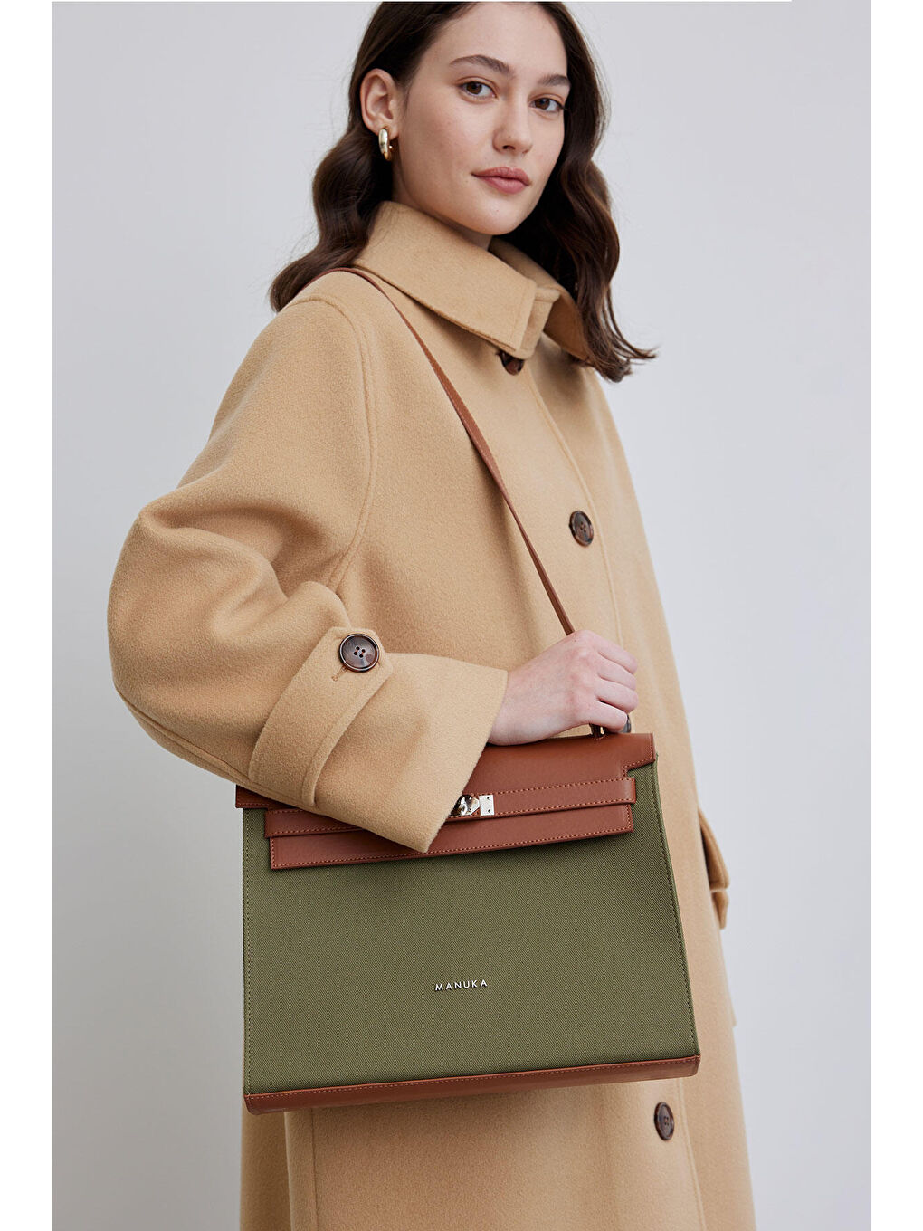 Deri Detaylı Kanvas Çanta Yeşil-1