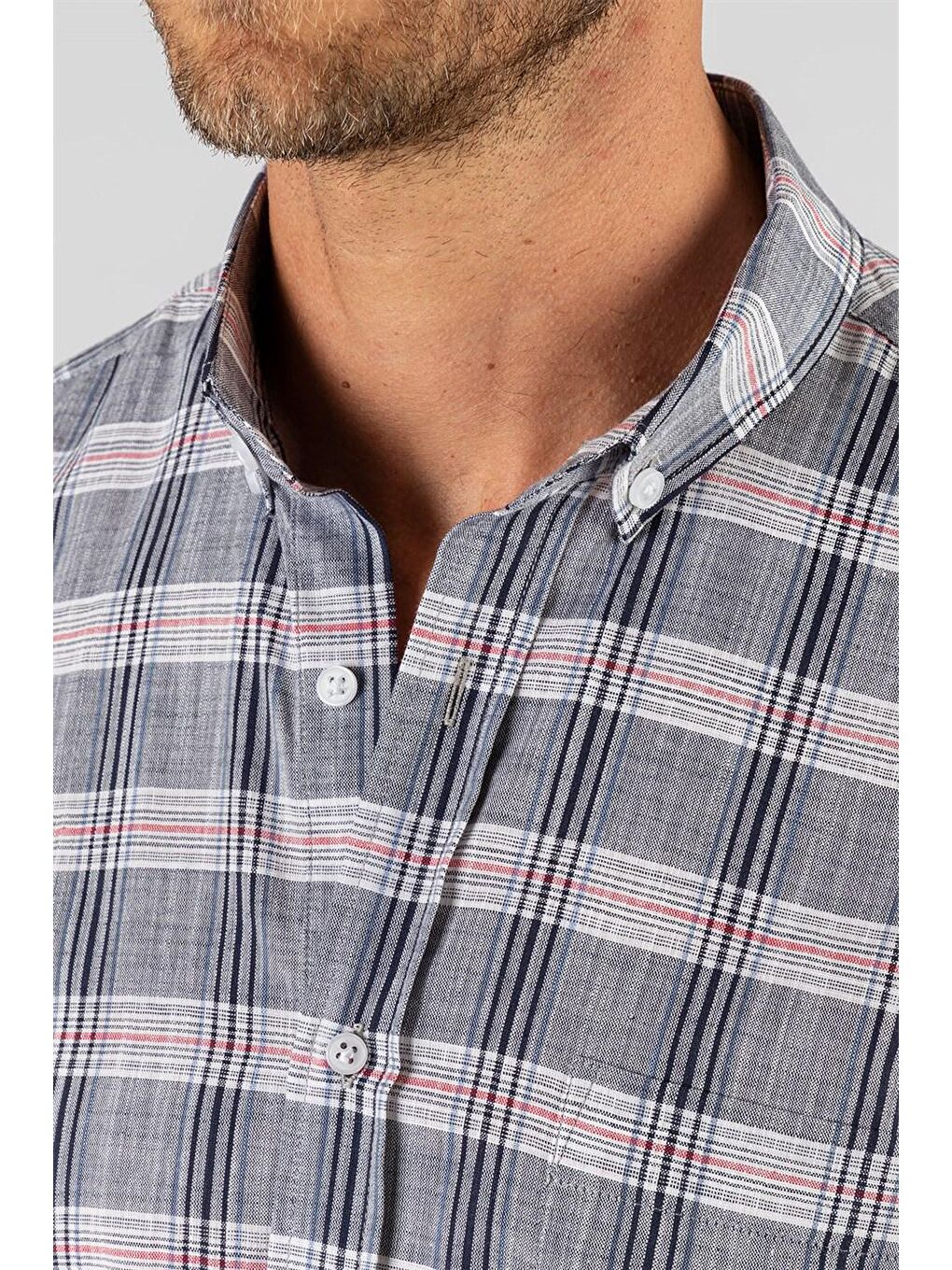 Siyah Klasik Kısa Kol Ekoseli Keten Pamuk Cepli Erkek Gömlek-2