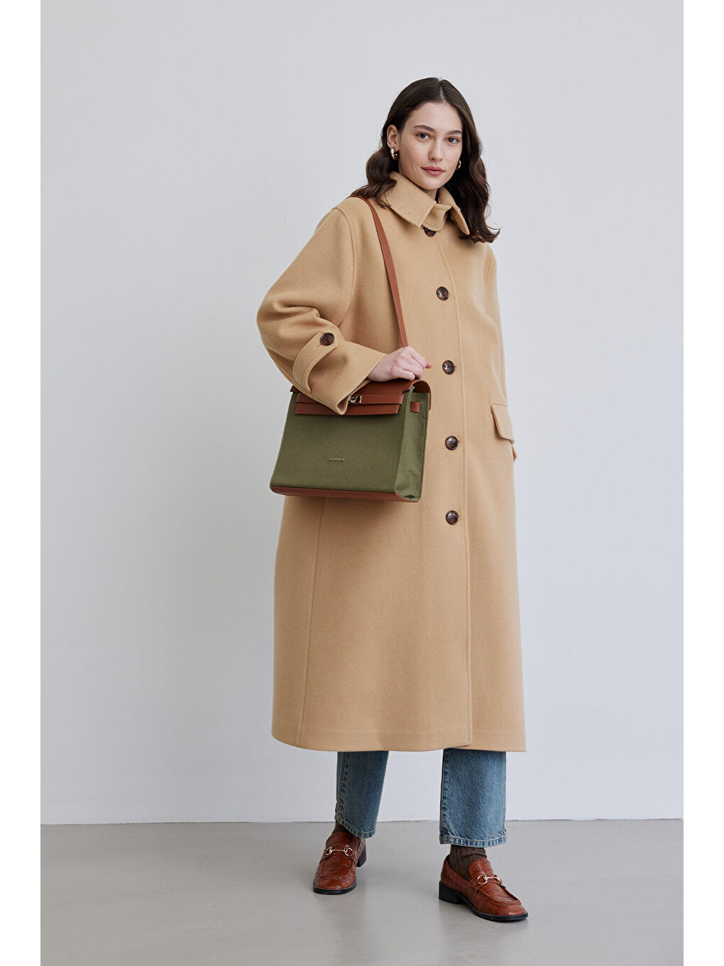 Deri Detaylı Kanvas Çanta Yeşil-2