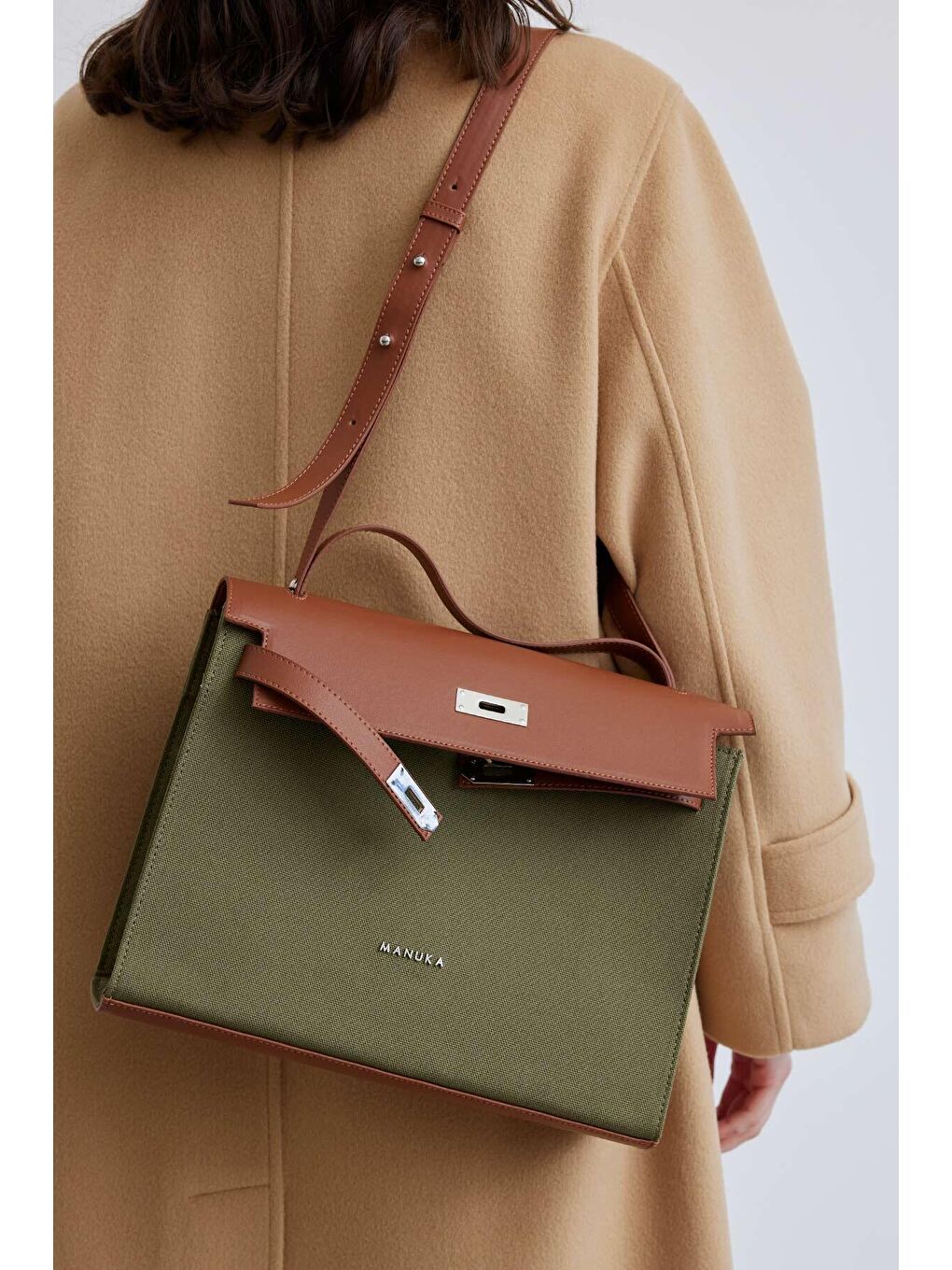 Deri Detaylı Kanvas Çanta Yeşil-3