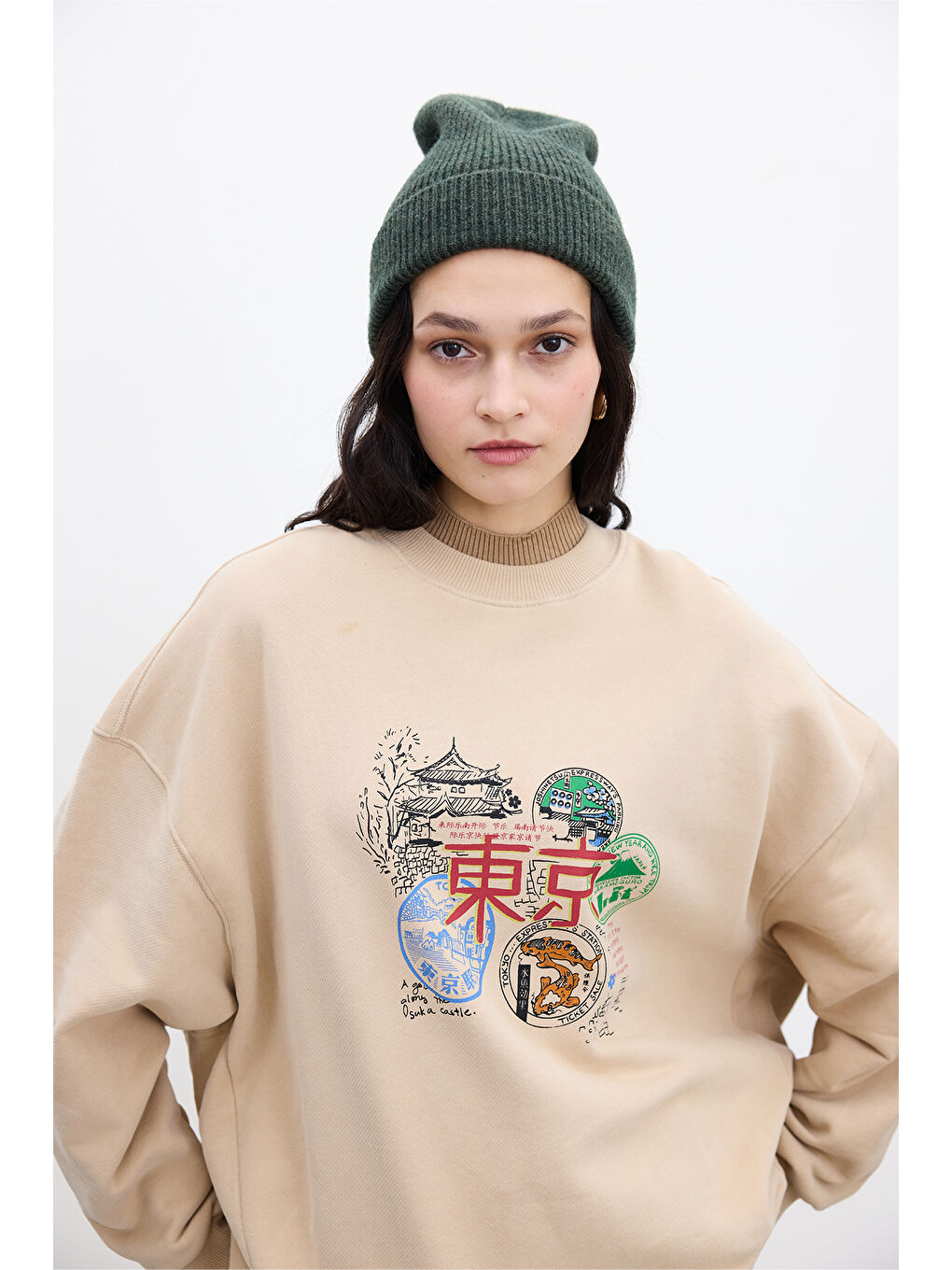 Kahverengi Baskı Detaylı Oversize Sweatshırt Camel-6