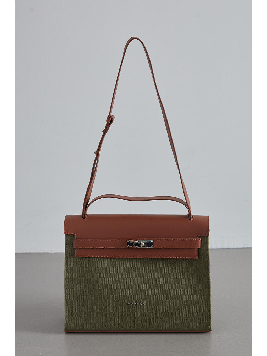 Deri Detaylı Kanvas Çanta Yeşil-4