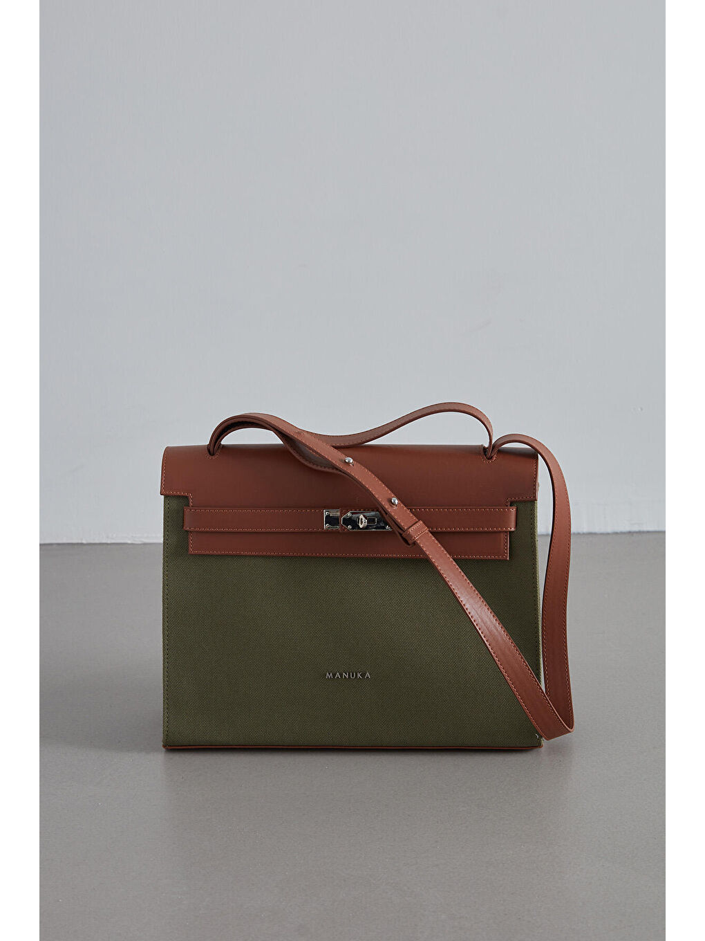 Deri Detaylı Kanvas Çanta Yeşil-5