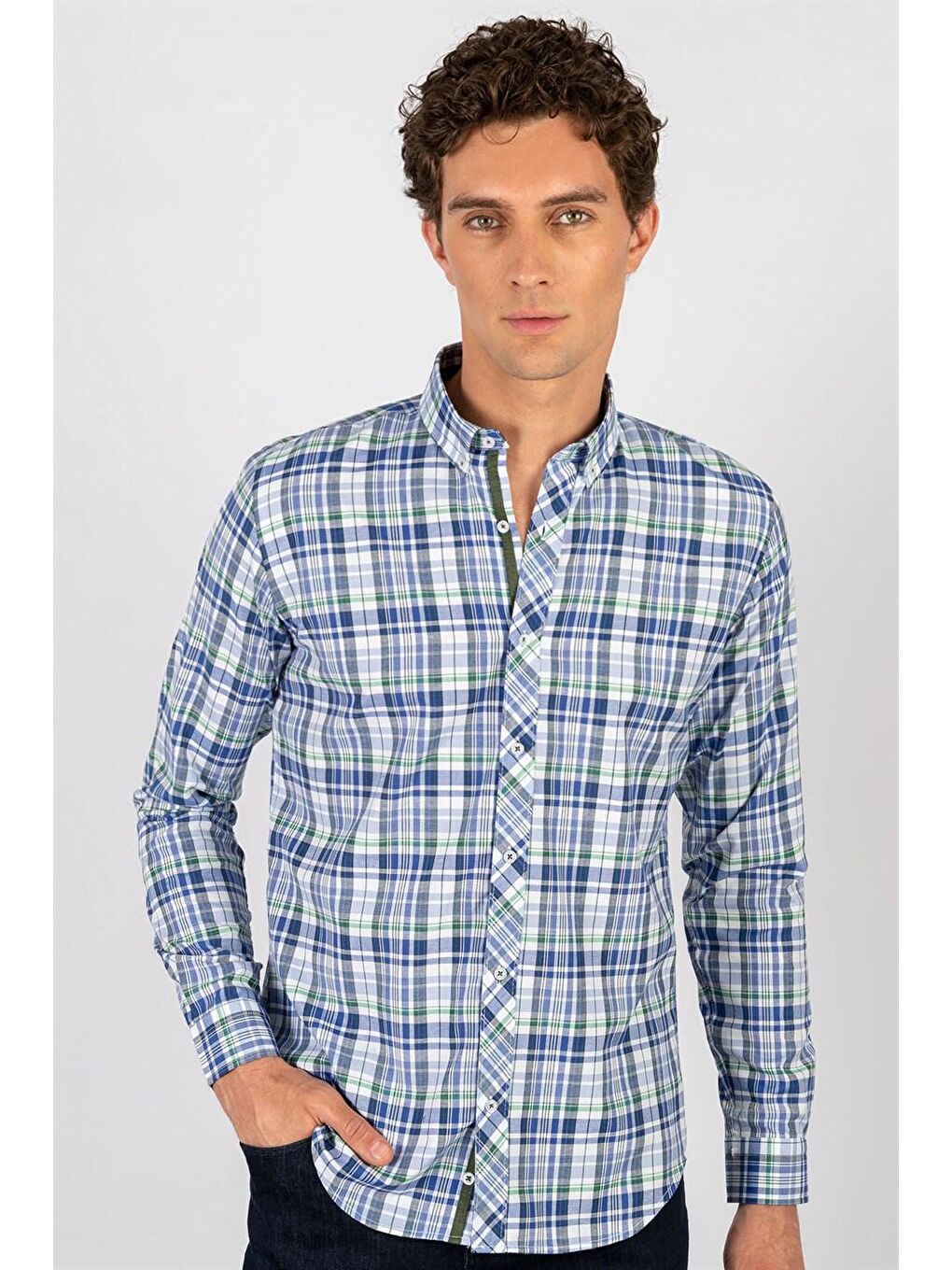 Siyah Slim Fit Uzun Kol Ekose Biyeli Erkek Gömlek DR220075-310