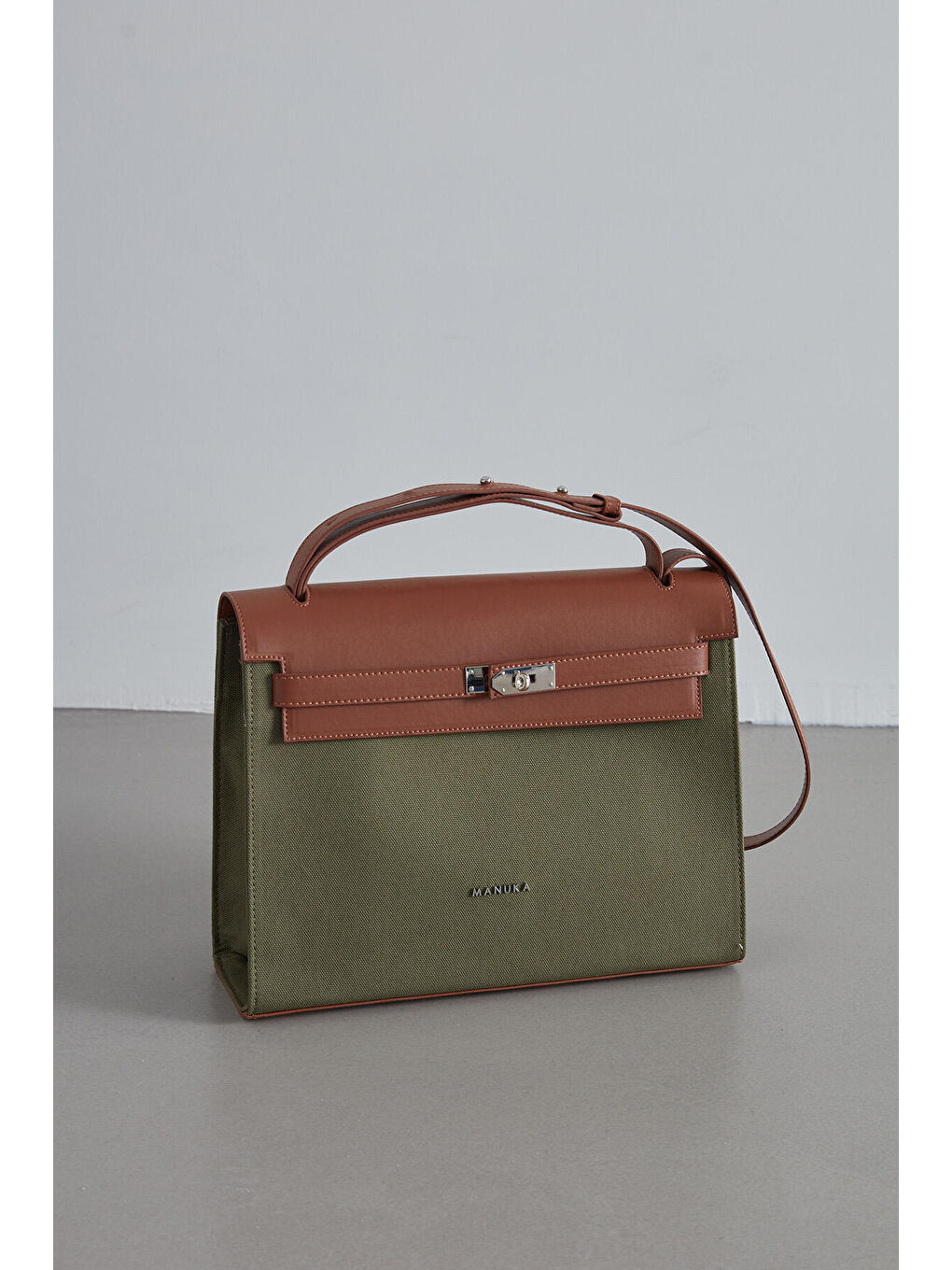 Deri Detaylı Kanvas Çanta Yeşil-7