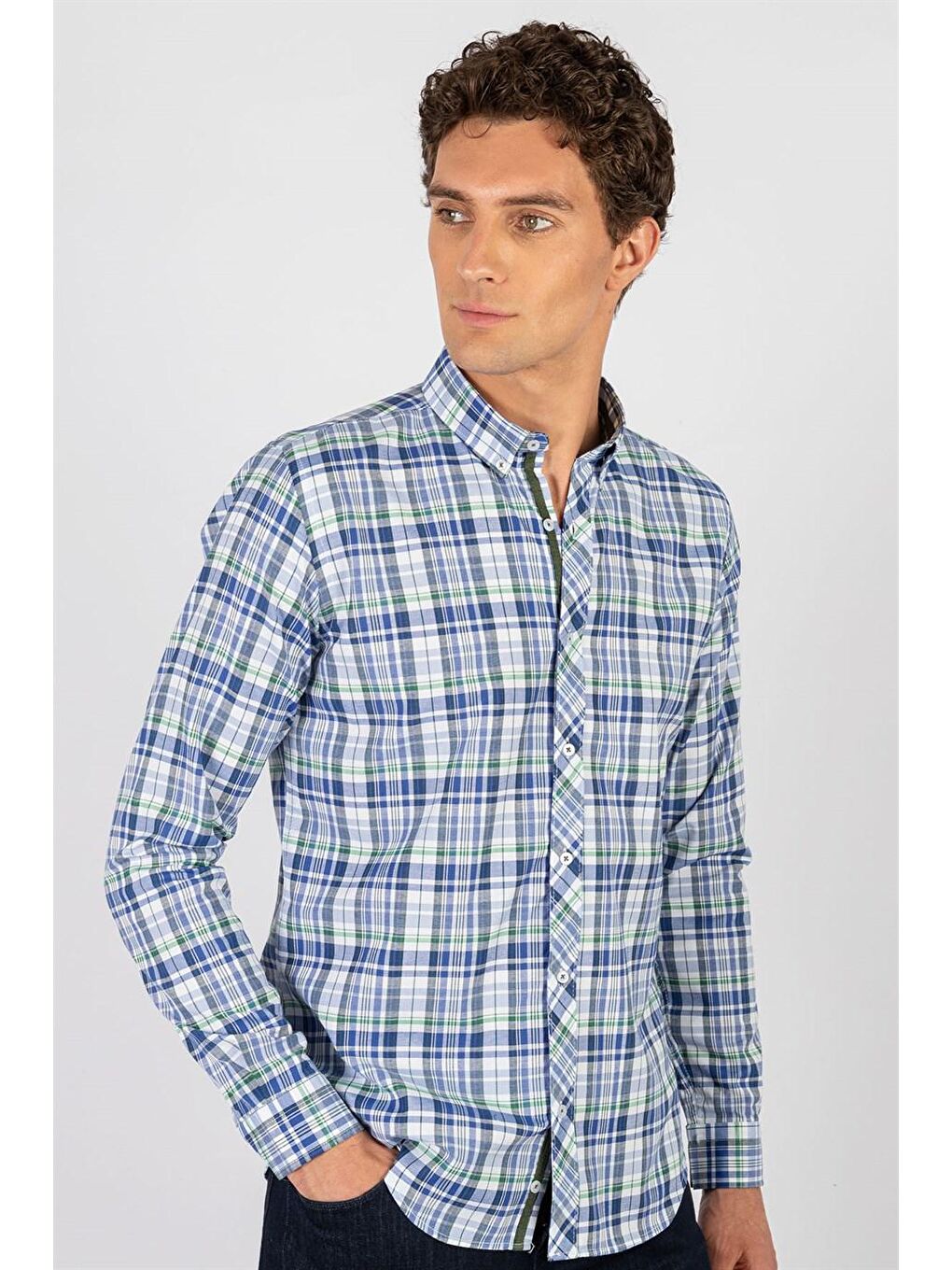 Siyah Slim Fit Uzun Kol Ekose Biyeli Erkek Gömlek DR220075-310-1