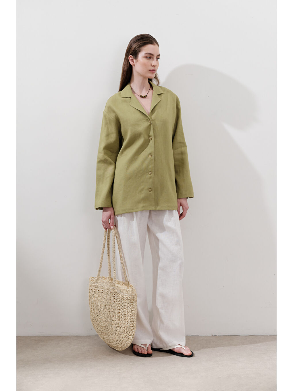 Keten Geniş Kollu Gömlek Elma Yeşili-2