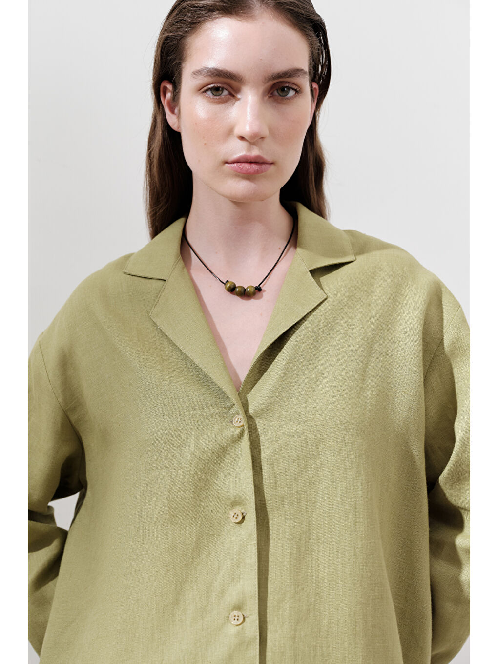 Keten Geniş Kollu Gömlek Elma Yeşili-3