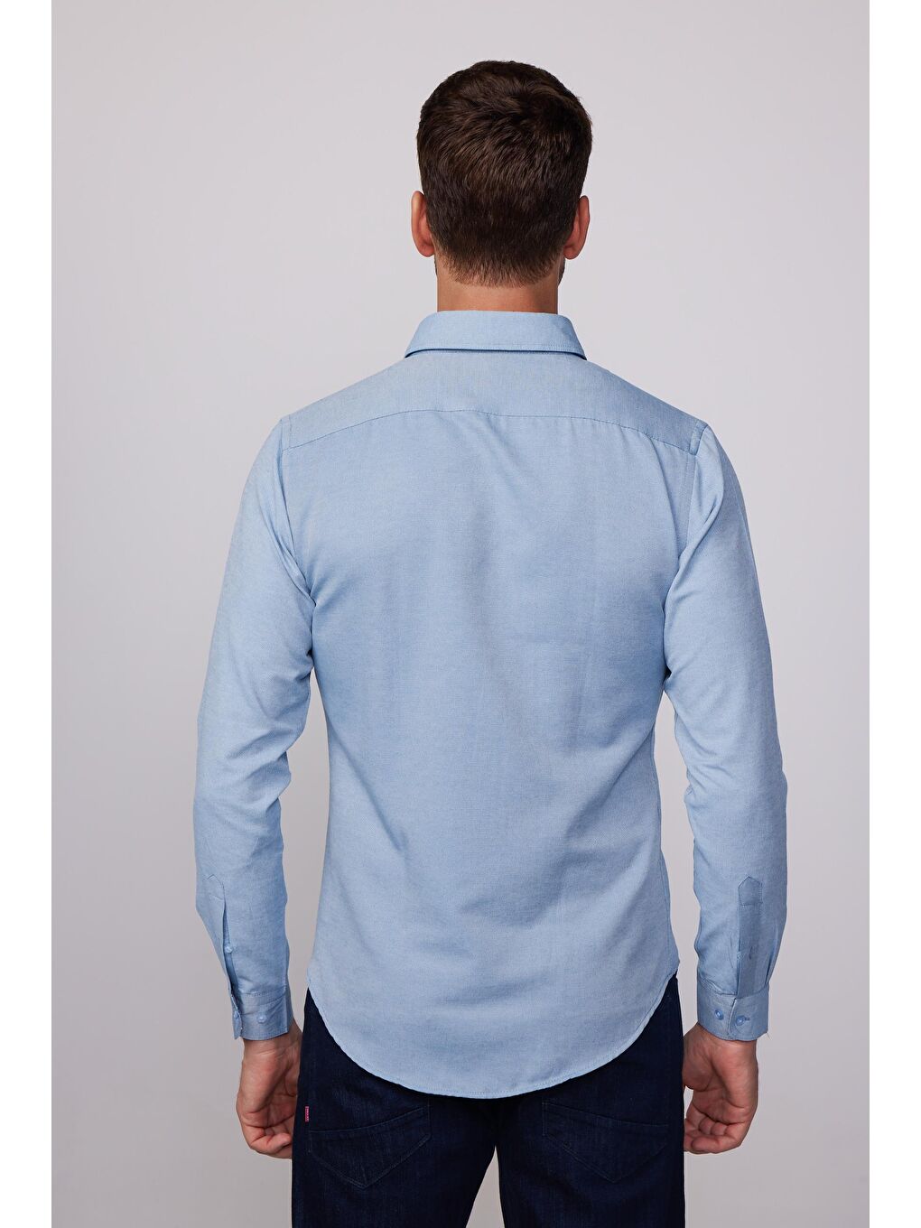 Erkek Slim Fit Dar Kesim Uzun Kollu Pamuklu Oxford Doku Kolay Ütülenebilir Gri Düğmeli Yaka Gömlek-4