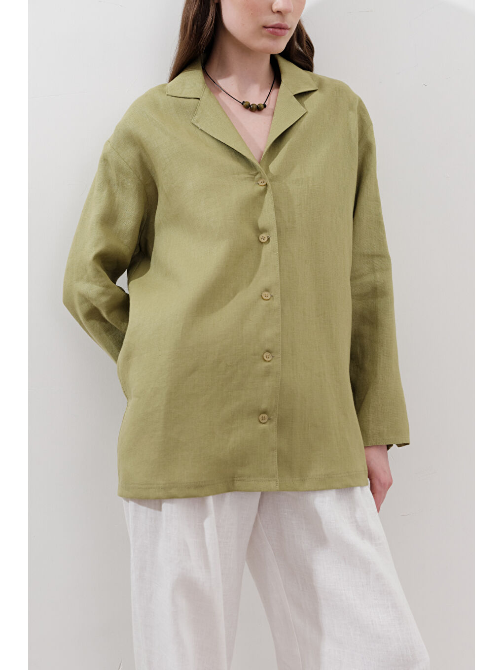 Keten Geniş Kollu Gömlek Elma Yeşili-4