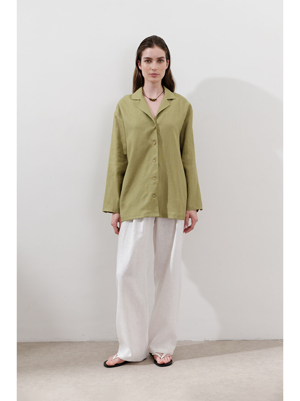 Keten Geniş Kollu Gömlek Elma Yeşili-5