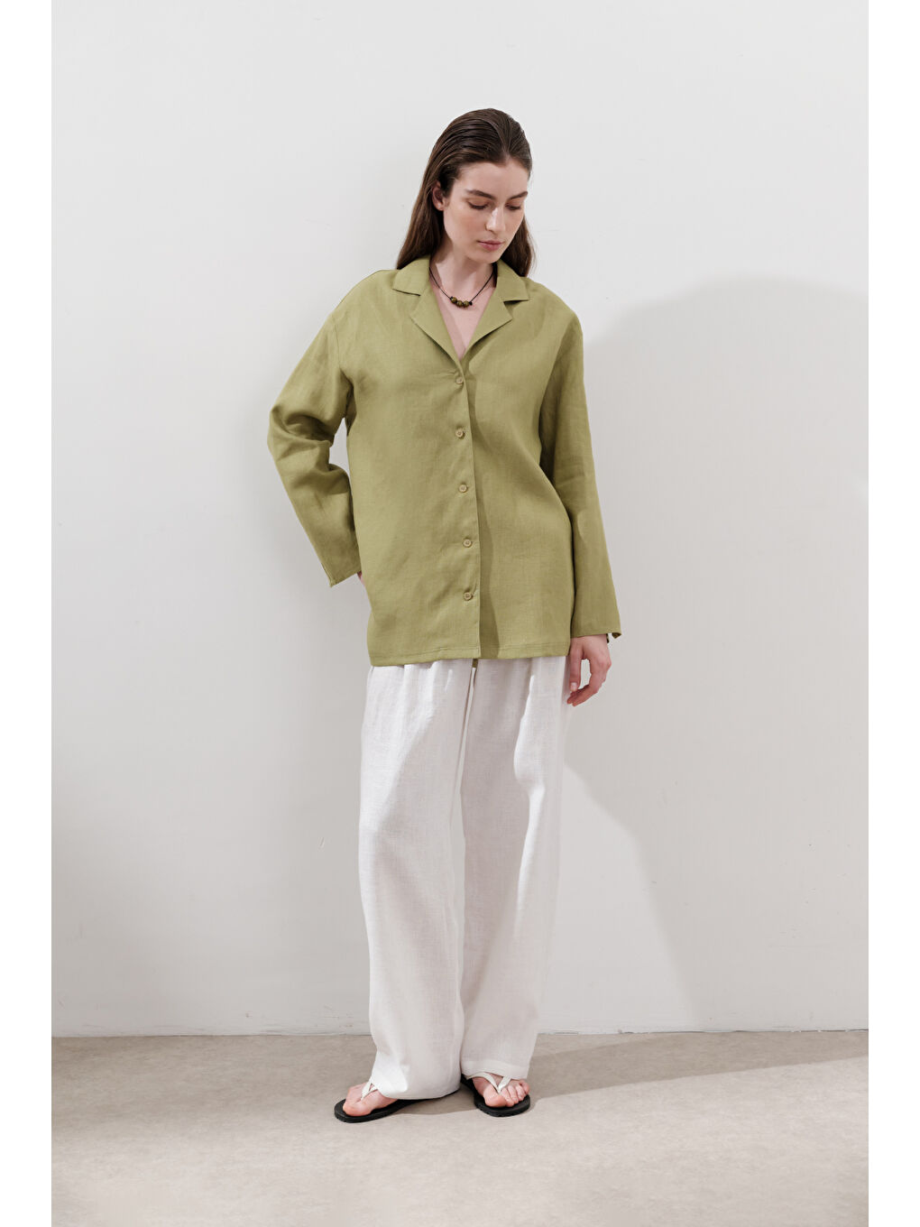 Keten Geniş Kollu Gömlek Elma Yeşili-6