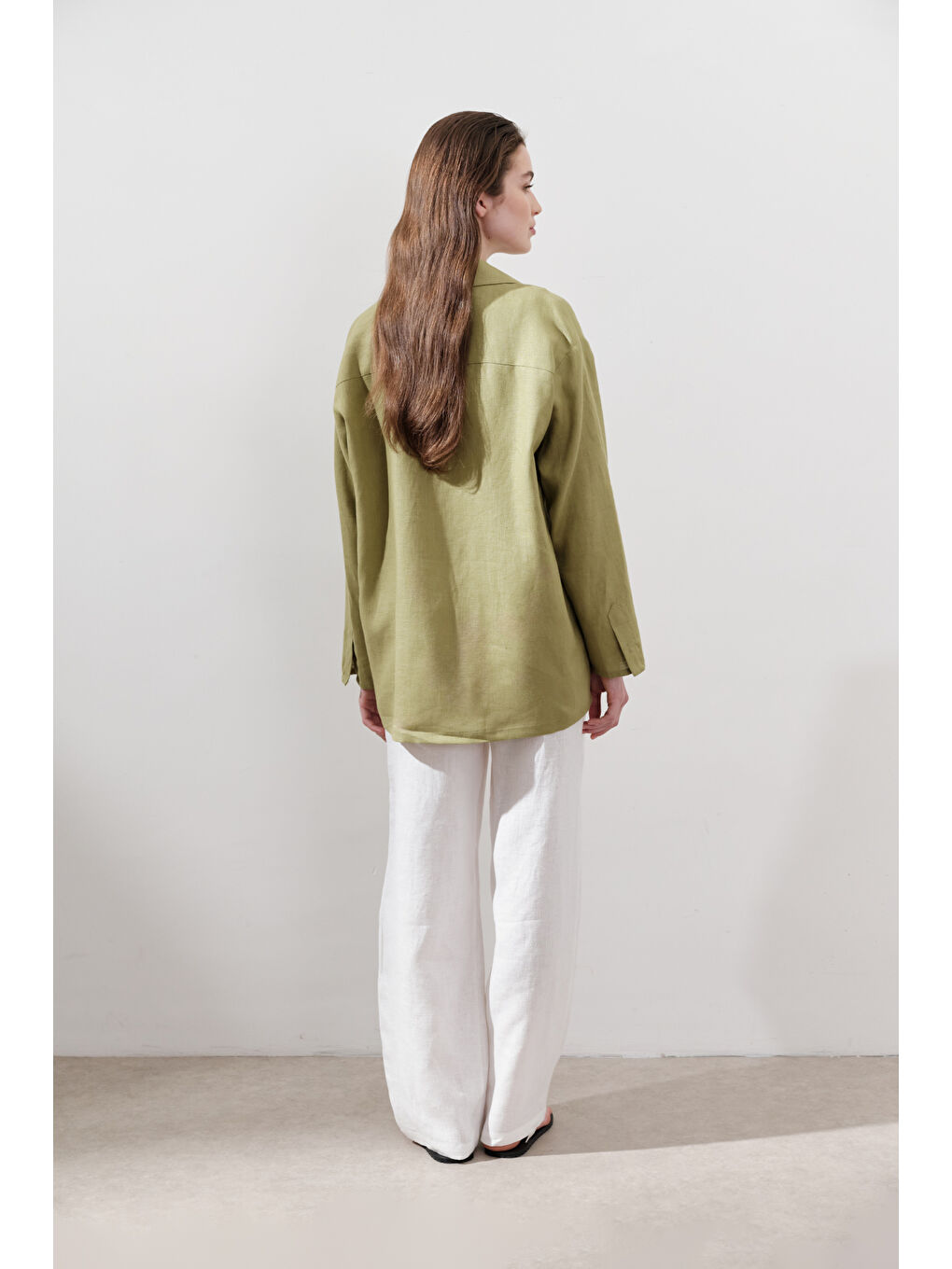 Keten Geniş Kollu Gömlek Elma Yeşili-7