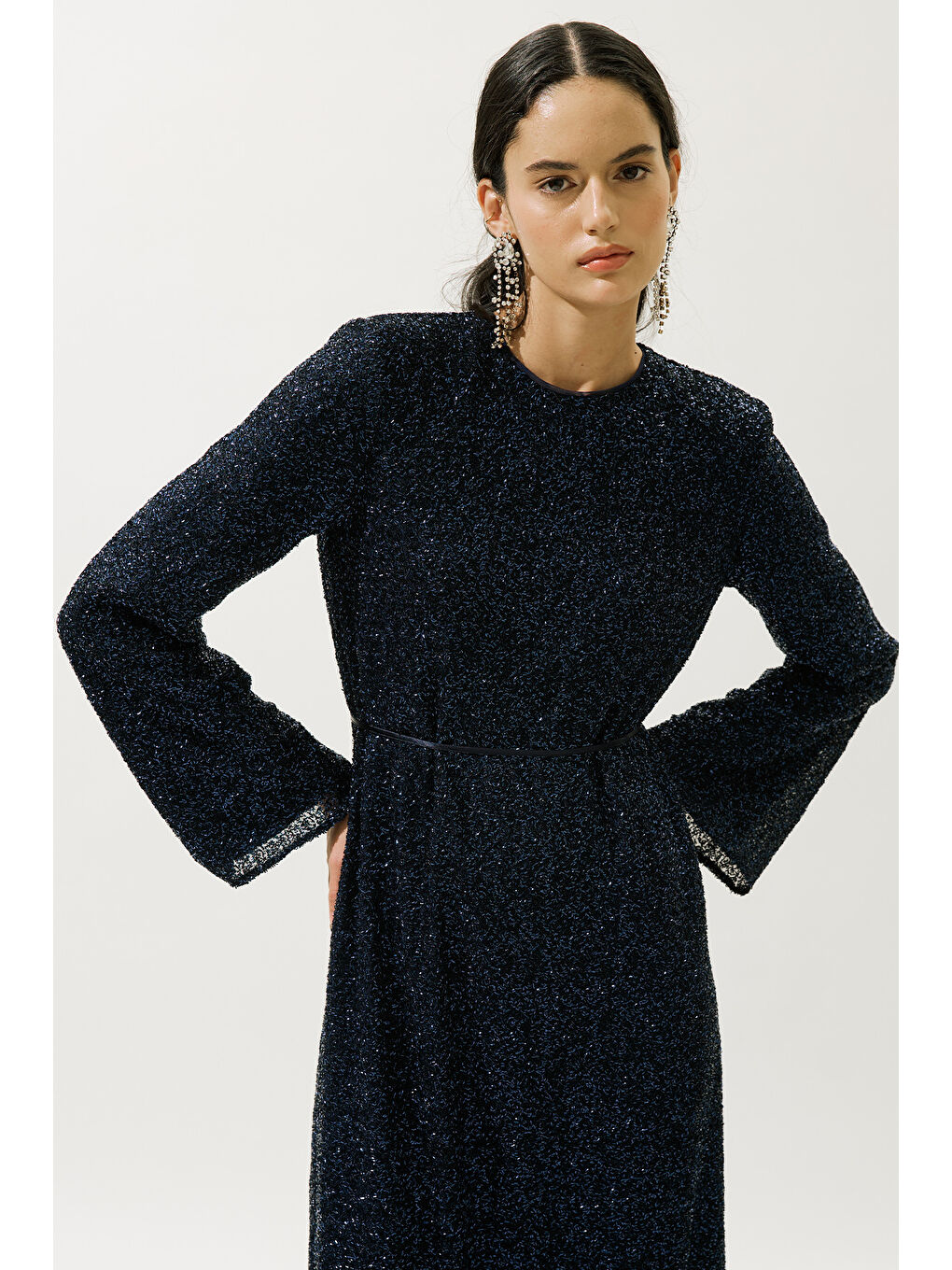 Işıltılı Uzun Kol Abiye Elbise Lacivert-1