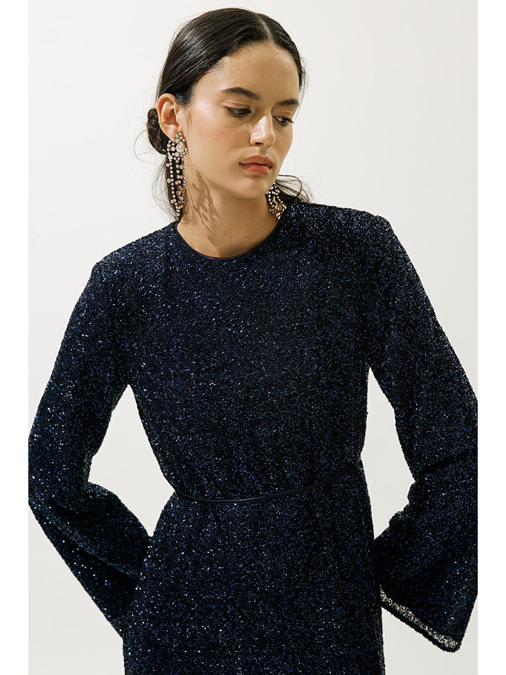 Işıltılı Uzun Kol Abiye Elbise Lacivert-4