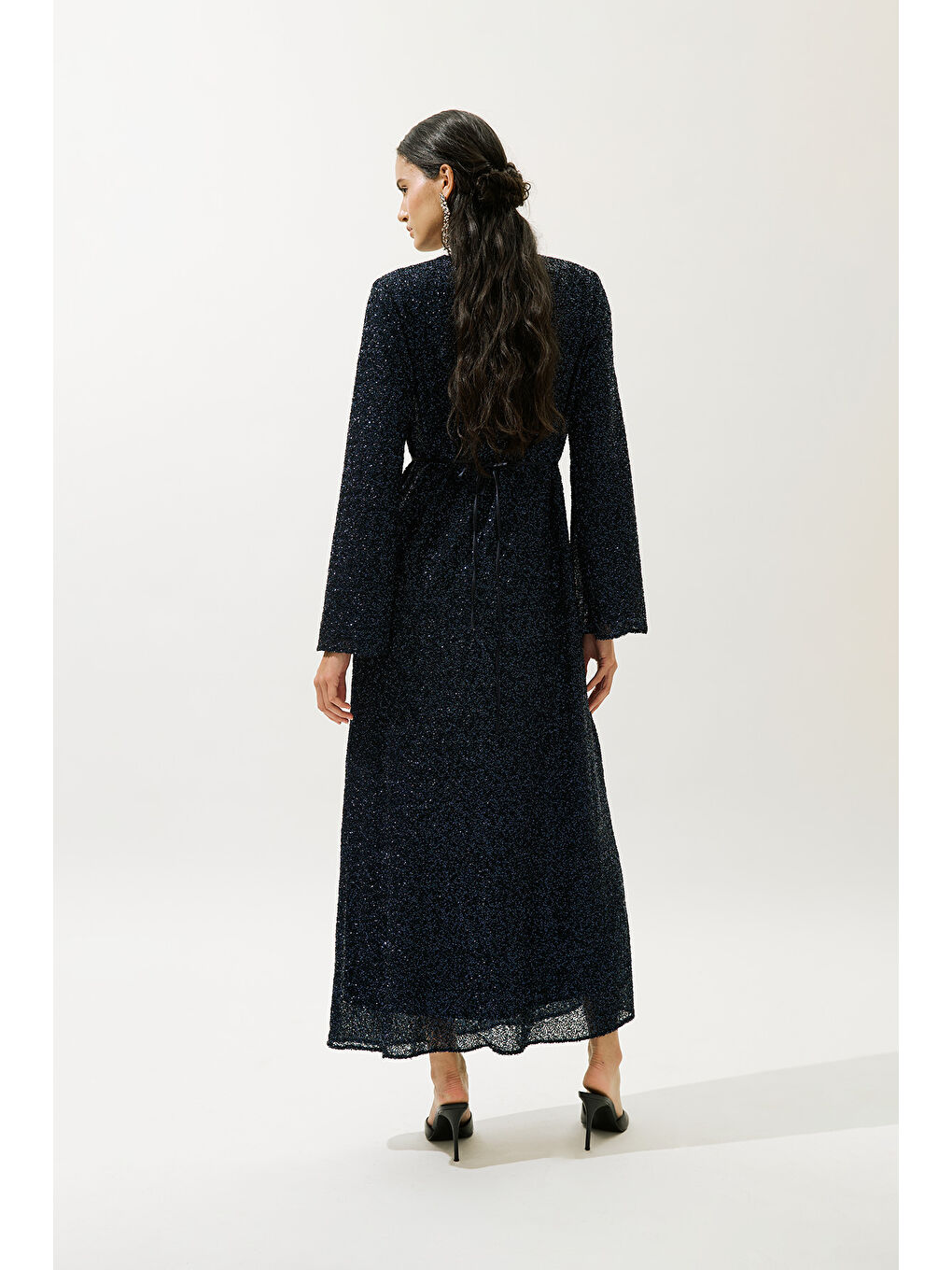 Işıltılı Uzun Kol Abiye Elbise Lacivert-5