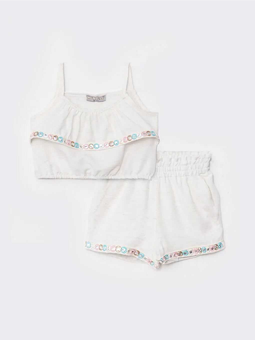 Bej Kız Çocuk Keten Şortlu Takım