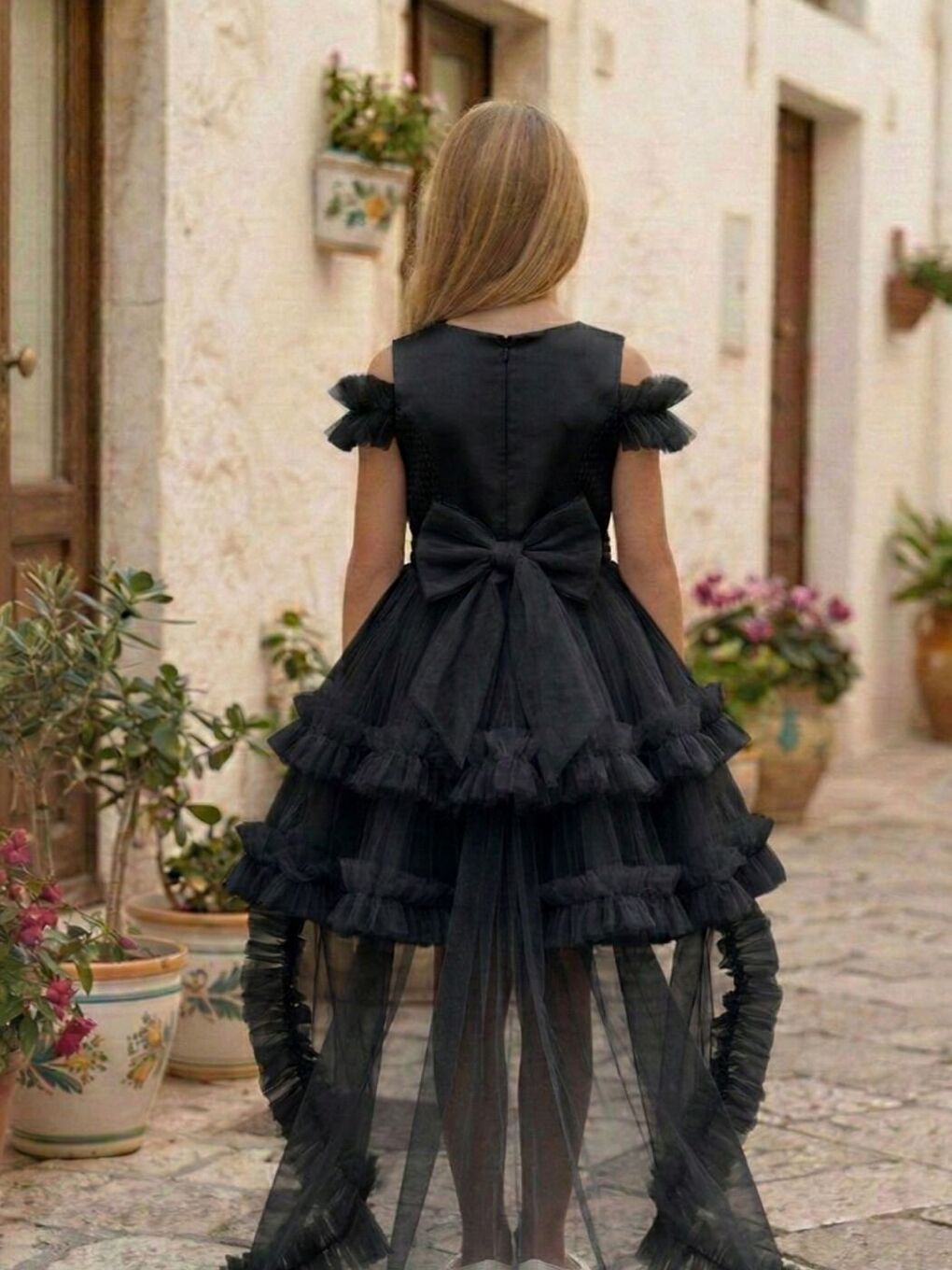 Siyah Kız Çocuk Kat Kat Tüllü Kuyruklu Prenses Elbise-6