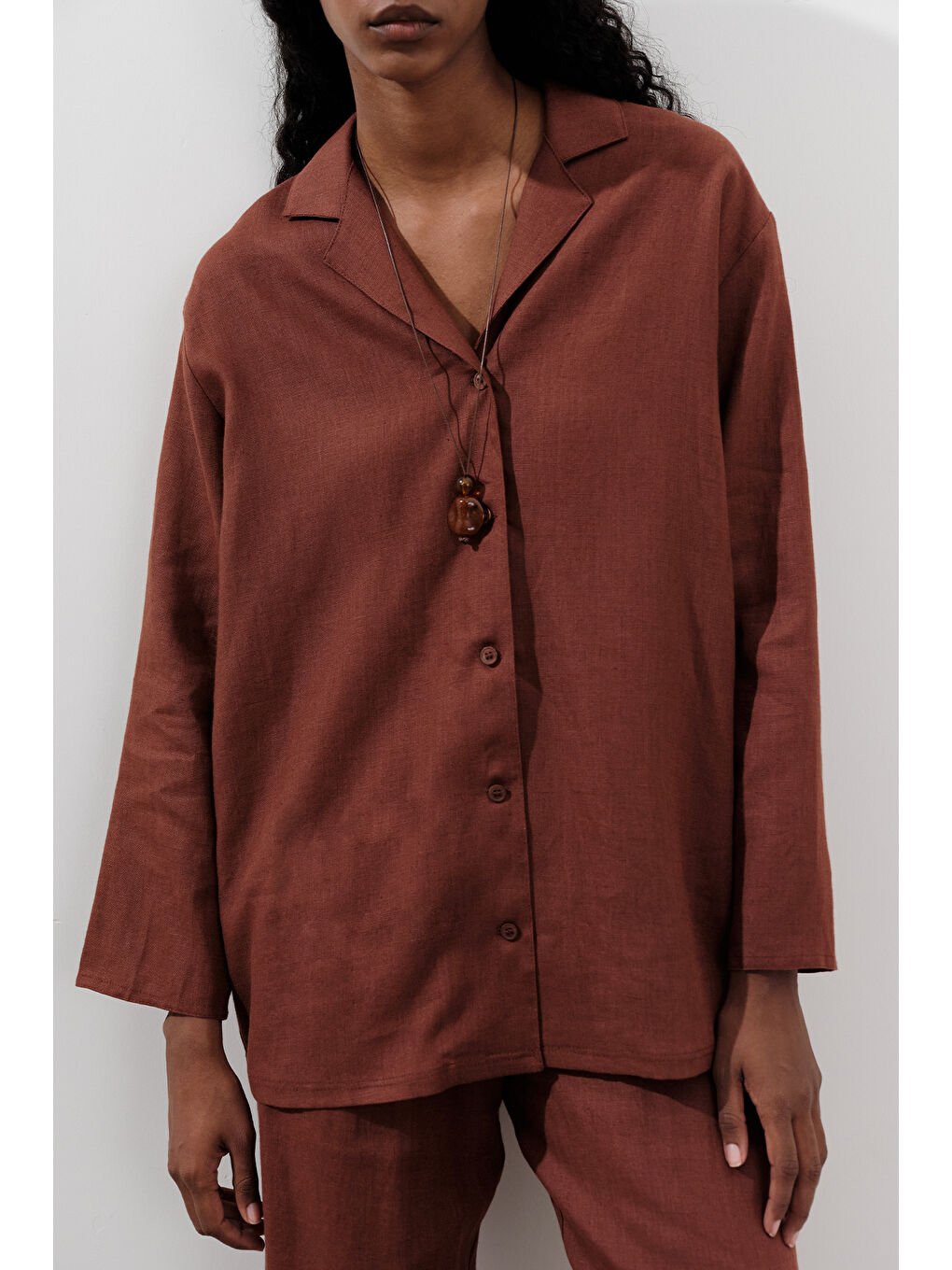 Turuncu Keten Geniş Kollu Gömlek Bakır-3