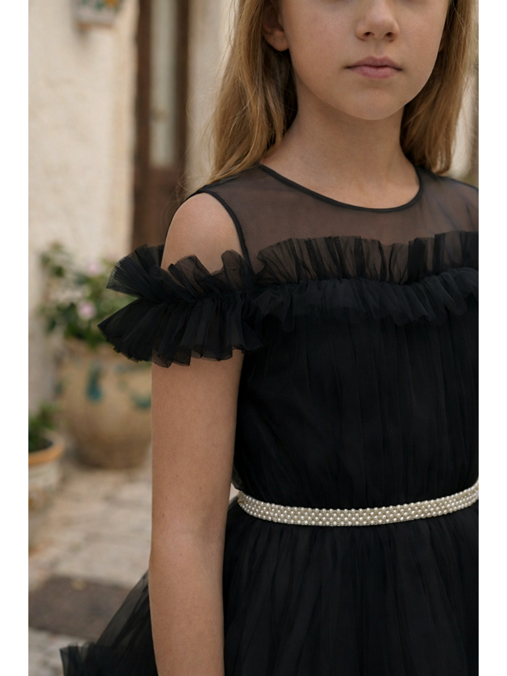 Siyah Kız Çocuk Kat Kat Tüllü Kuyruklu Prenses Elbise-1