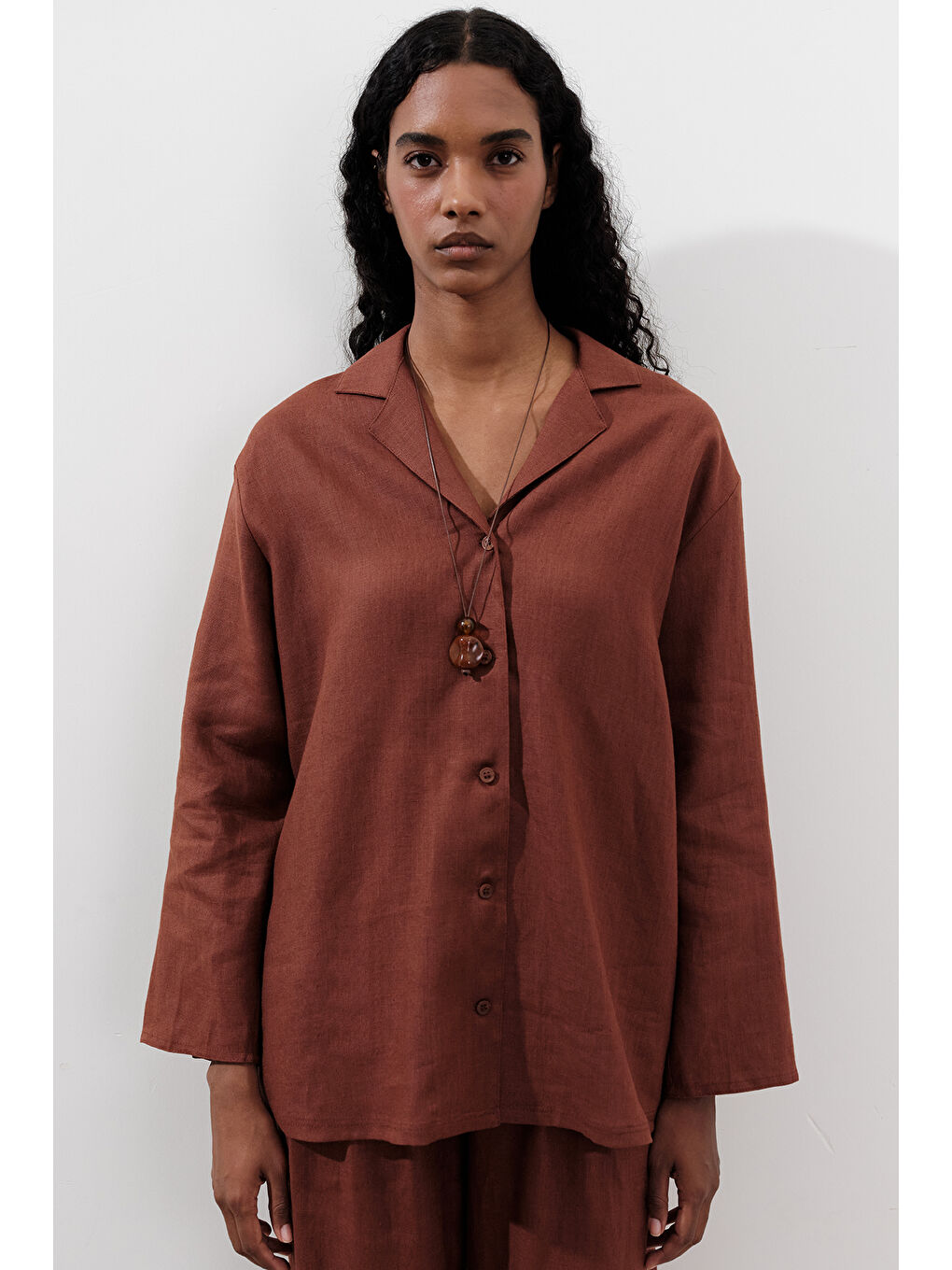 Turuncu Keten Geniş Kollu Gömlek Bakır-4