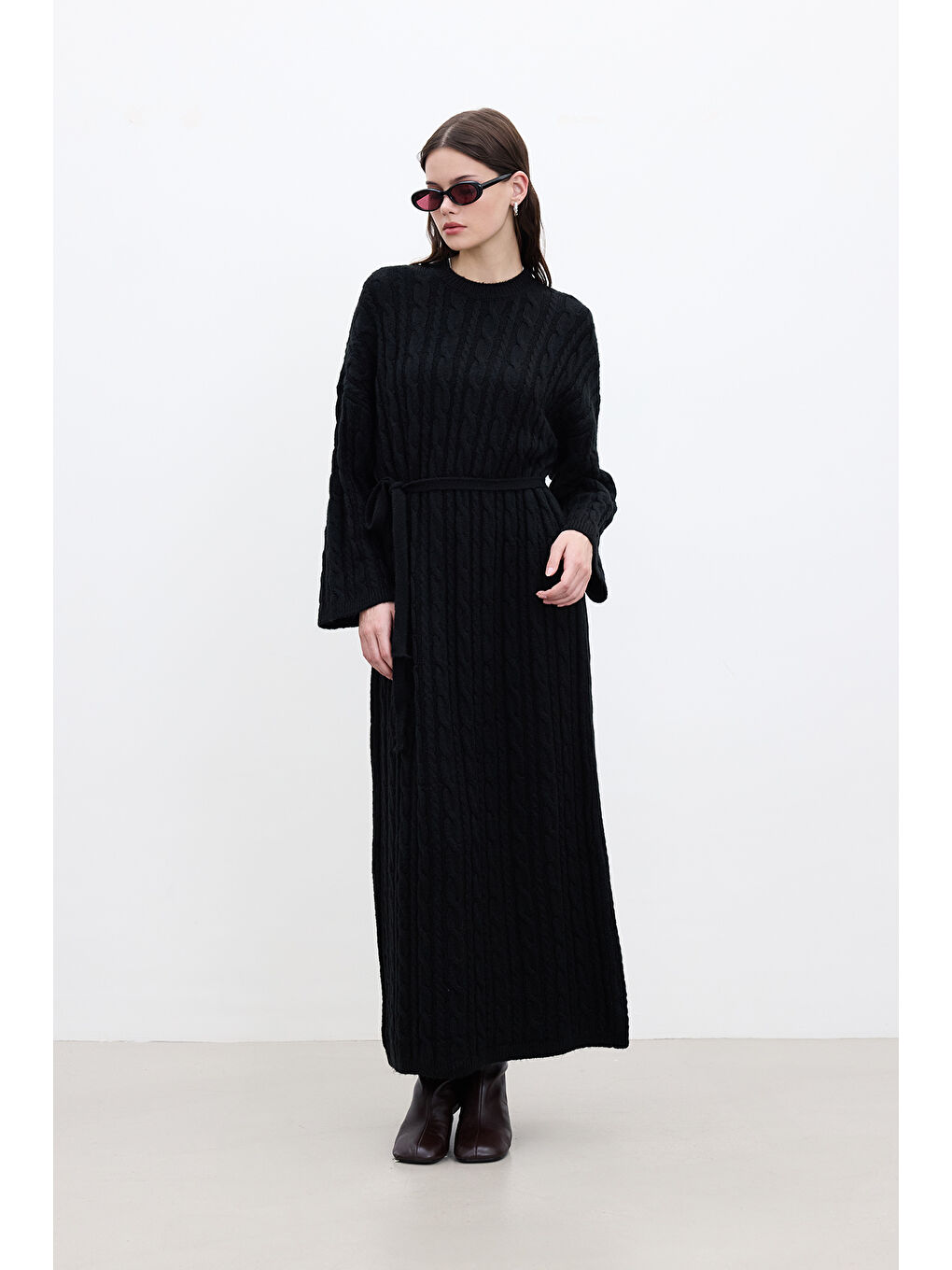 Saç Örgülü Triko Elbise Siyah