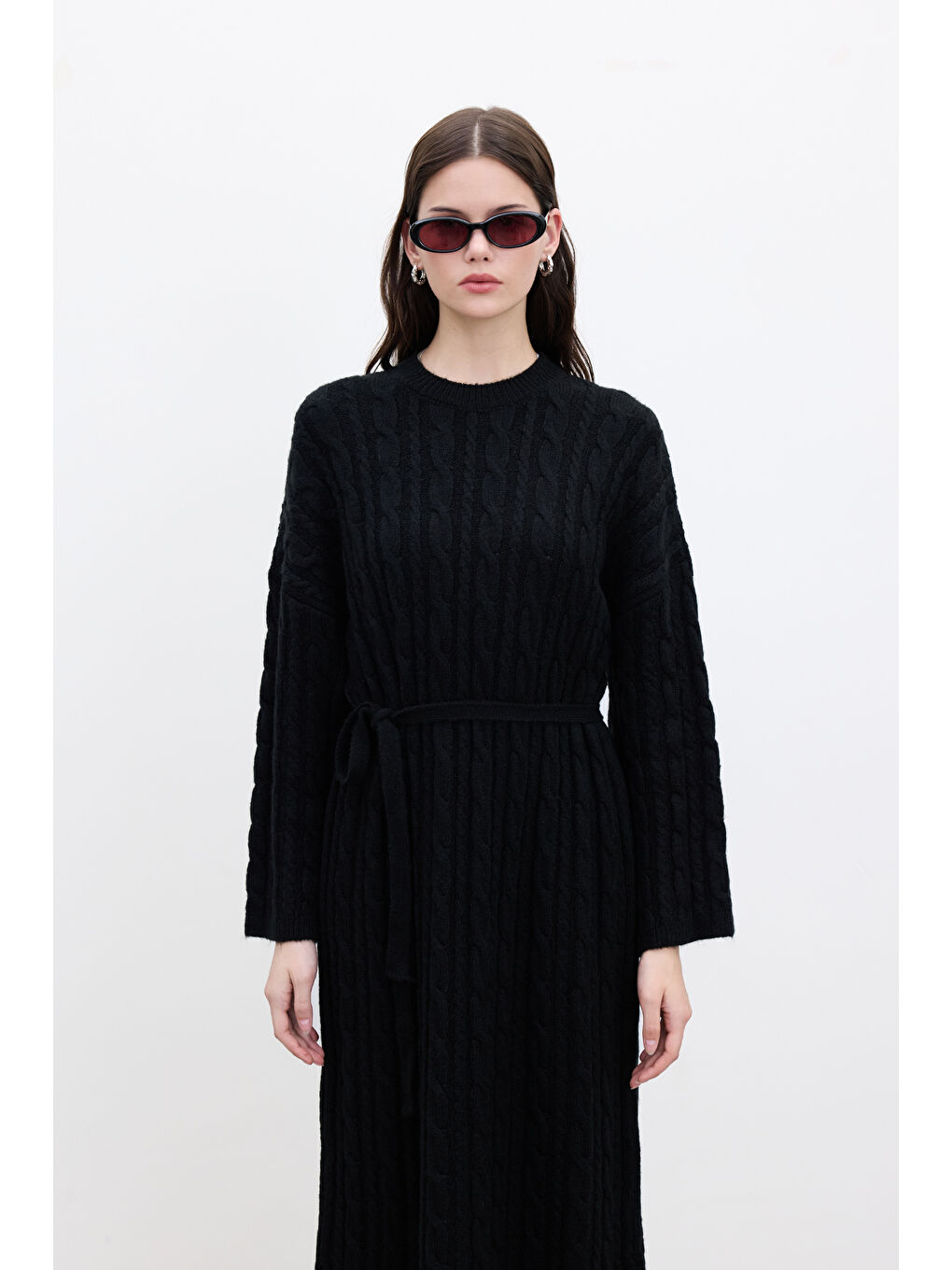 Saç Örgülü Triko Elbise Siyah-1