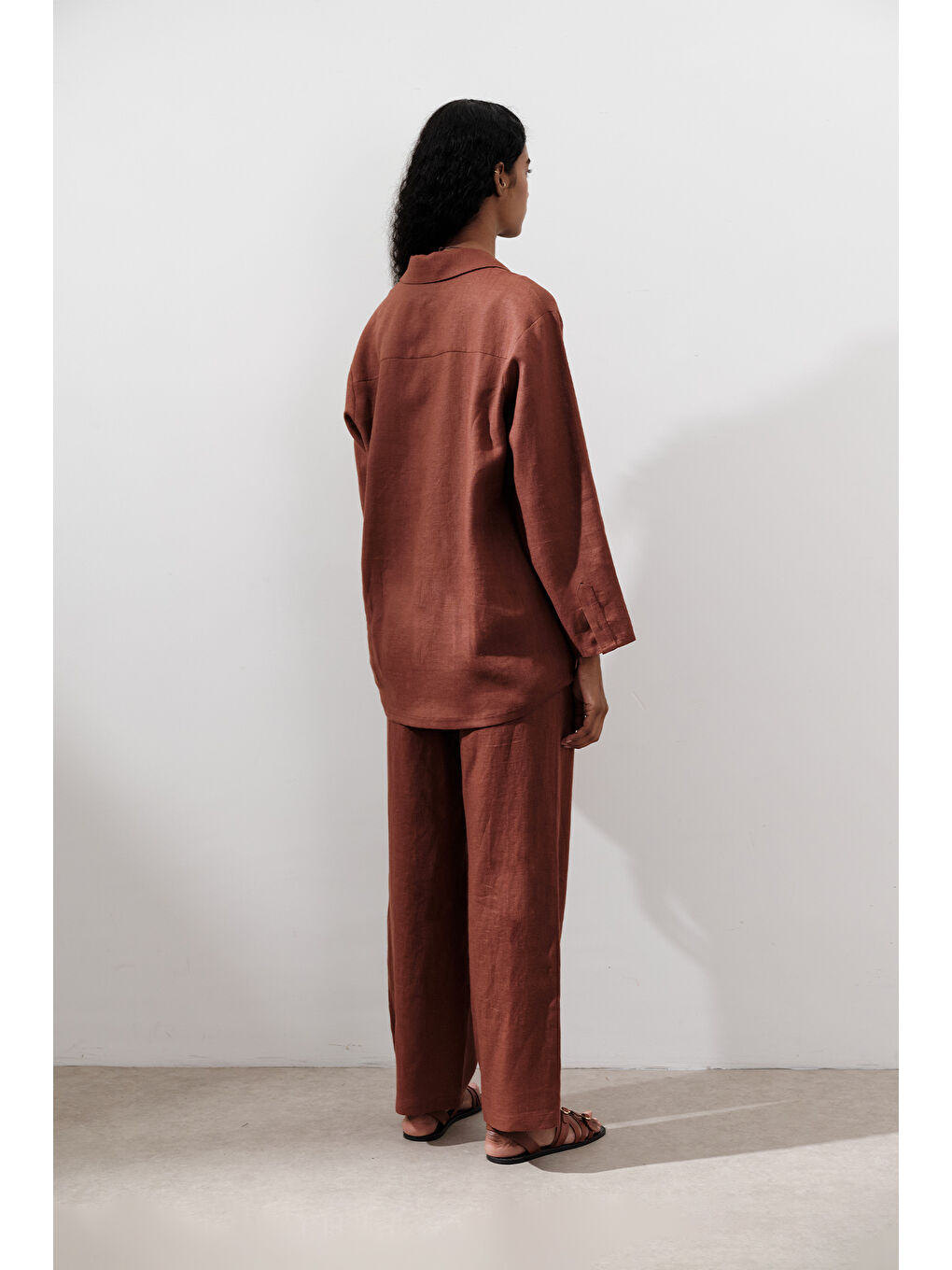 Turuncu Keten Geniş Kollu Gömlek Bakır-5