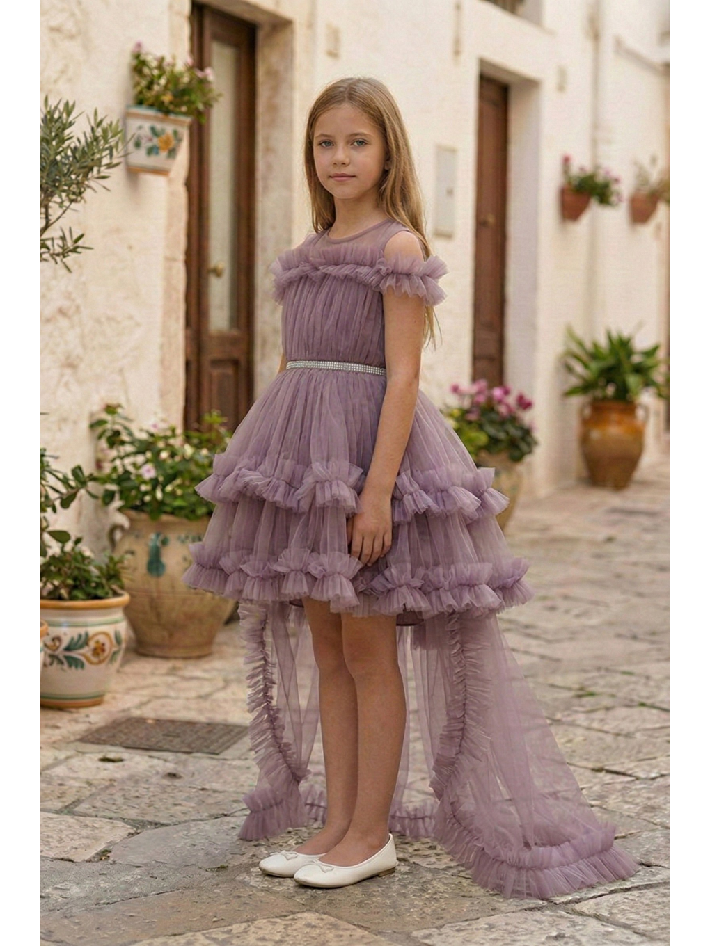 Lila Kız Çocuk Kat Kat Tüllü Kuyruklu Prenses Elbise