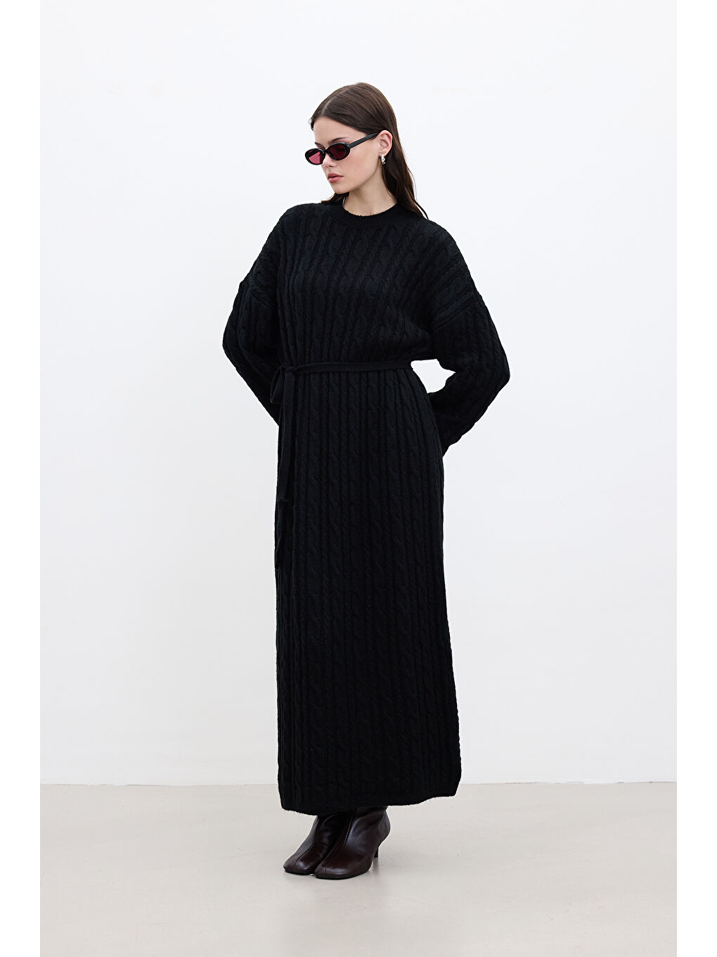 Saç Örgülü Triko Elbise Siyah-2