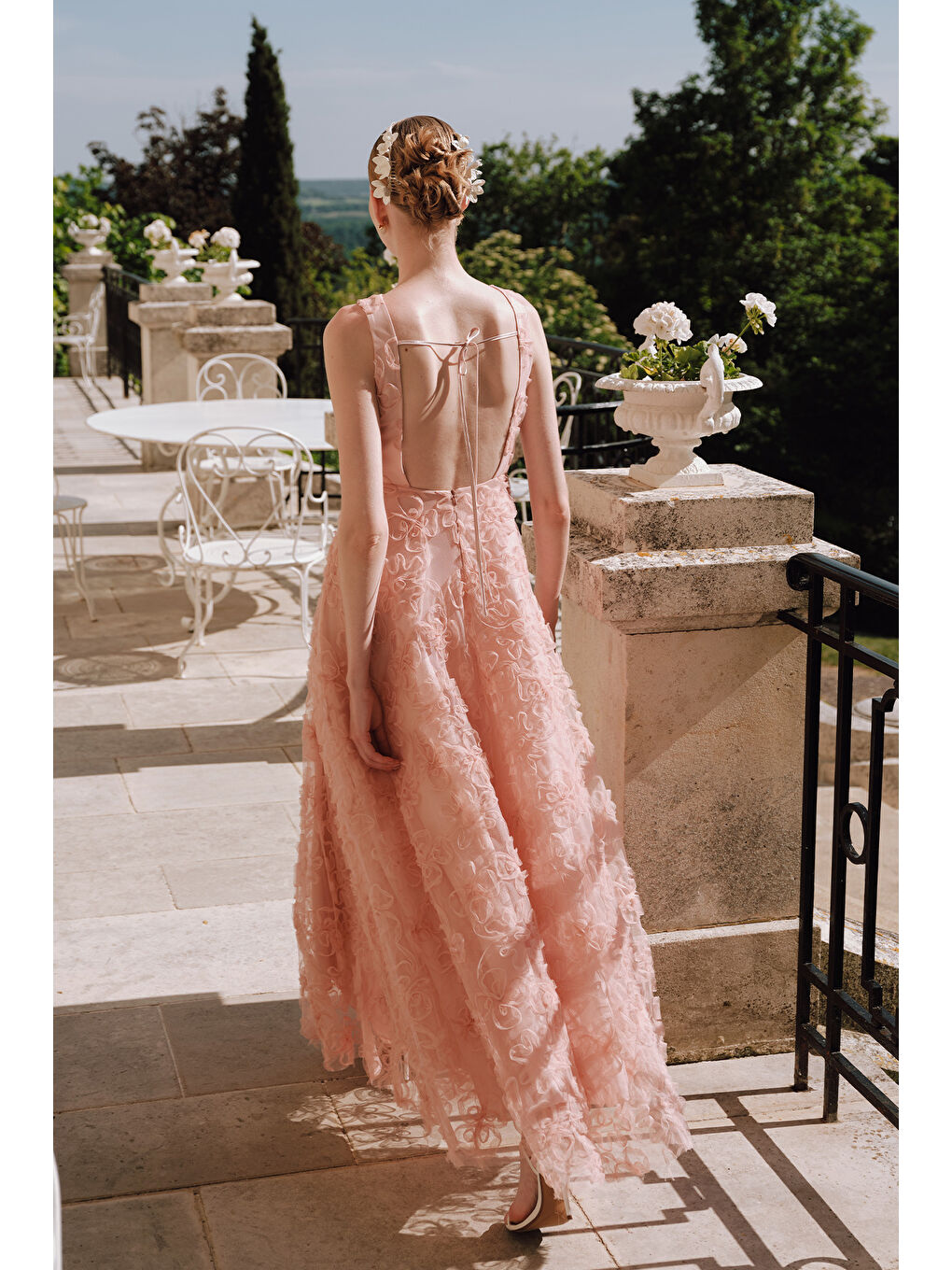 Pembe Kabarık Çiçekli Abiye Elbise Pudra-1