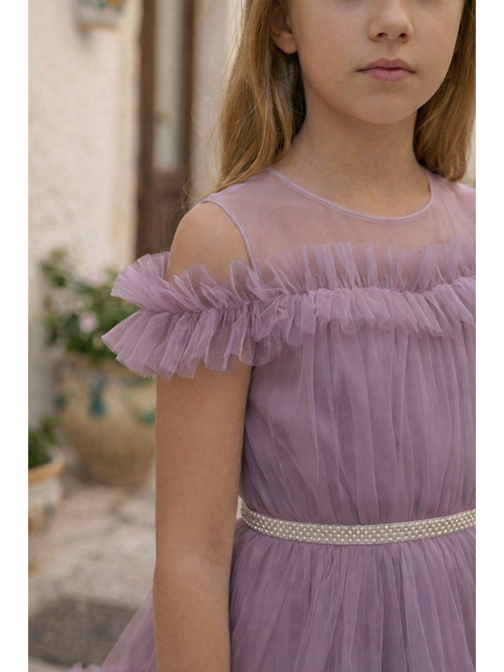 Lila Kız Çocuk Kat Kat Tüllü Kuyruklu Prenses Elbise-4