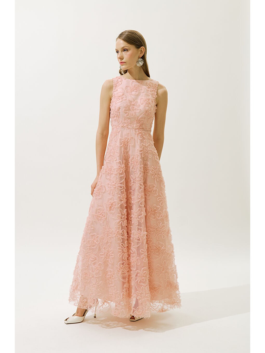 Pembe Kabarık Çiçekli Abiye Elbise Pudra-3