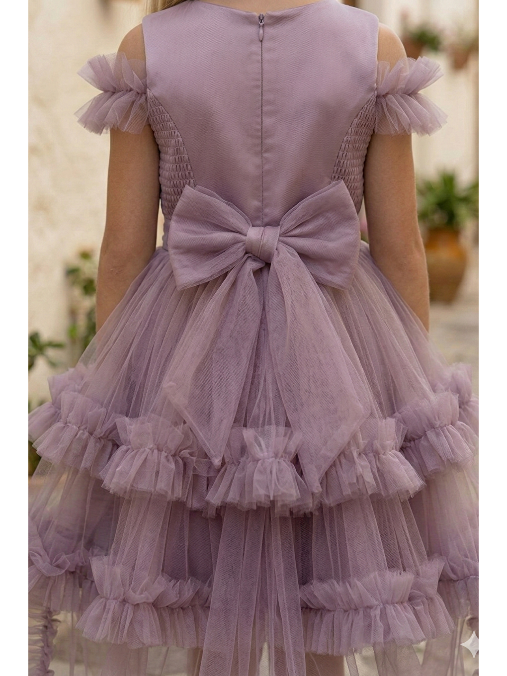 Lila Kız Çocuk Kat Kat Tüllü Kuyruklu Prenses Elbise-1