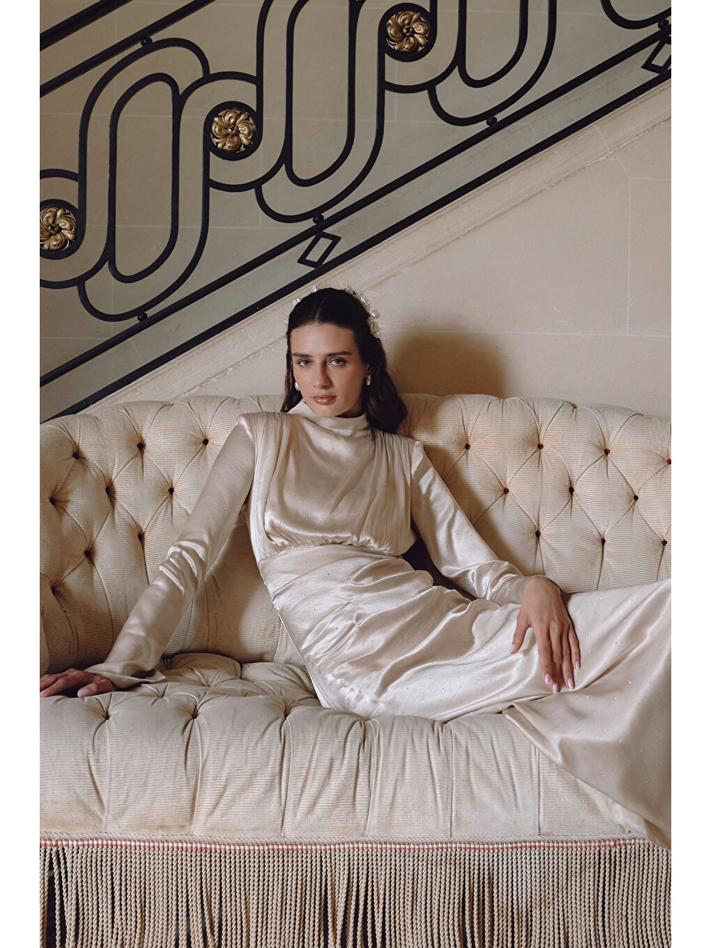 Mıla Taşlı Abiye Elbise Bej-1