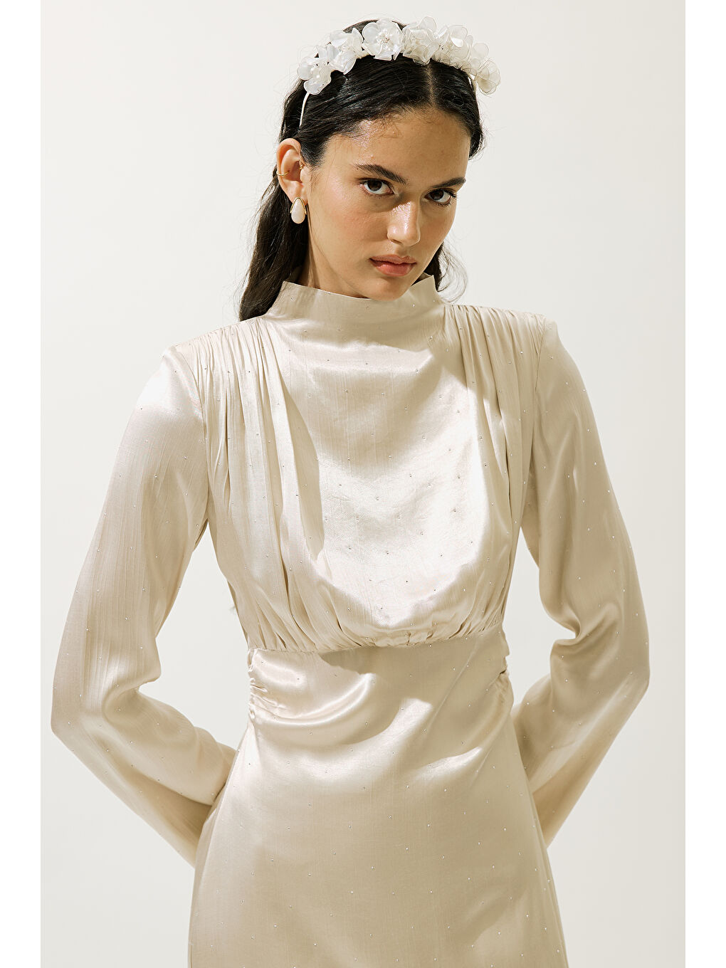 Mıla Taşlı Abiye Elbise Bej-2