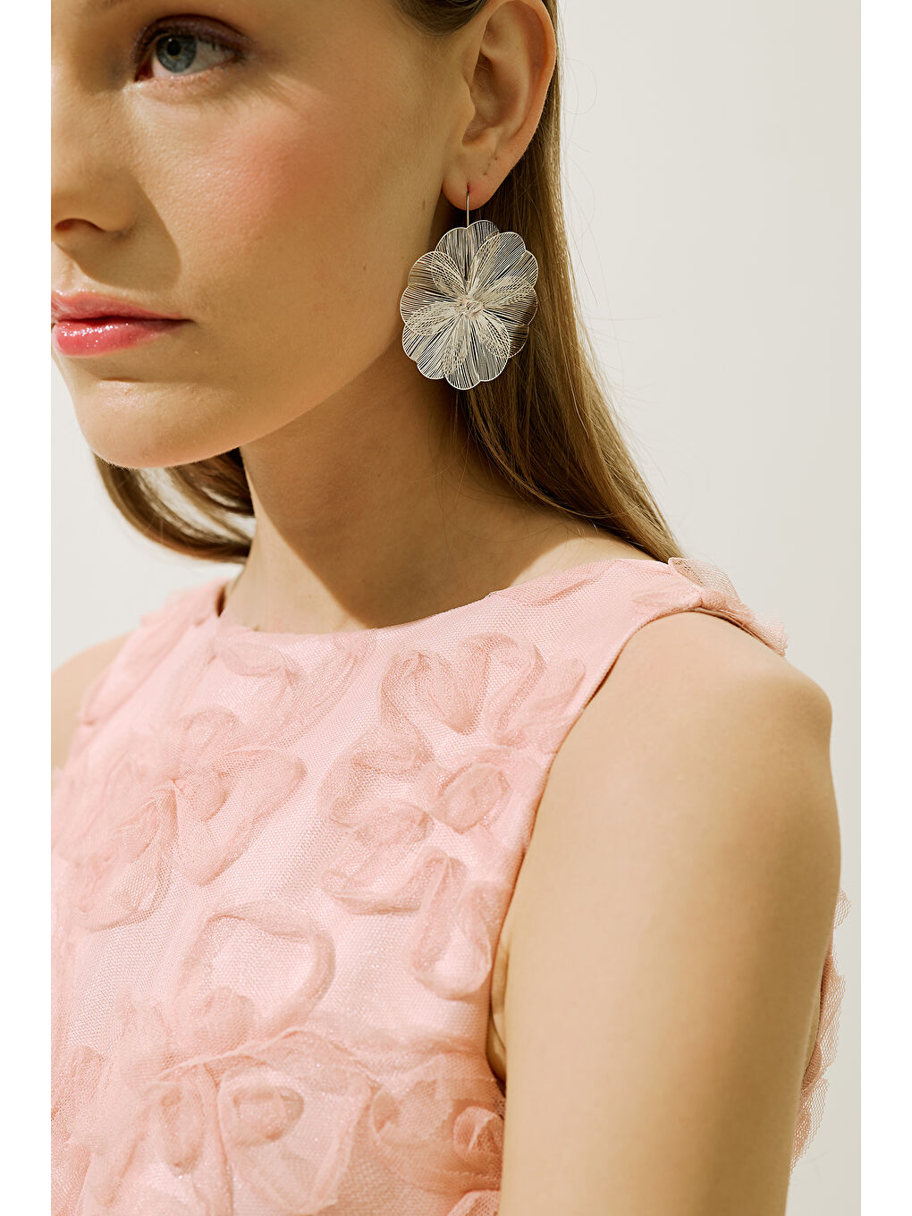 Pembe Kabarık Çiçekli Abiye Elbise Pudra-5