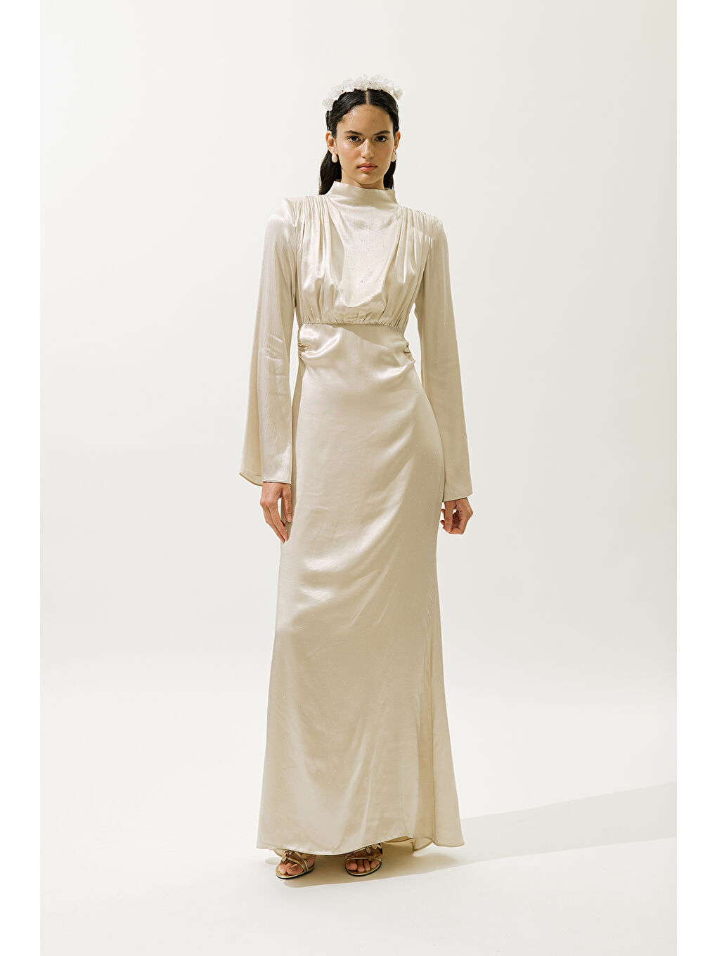 Mıla Taşlı Abiye Elbise Bej-3