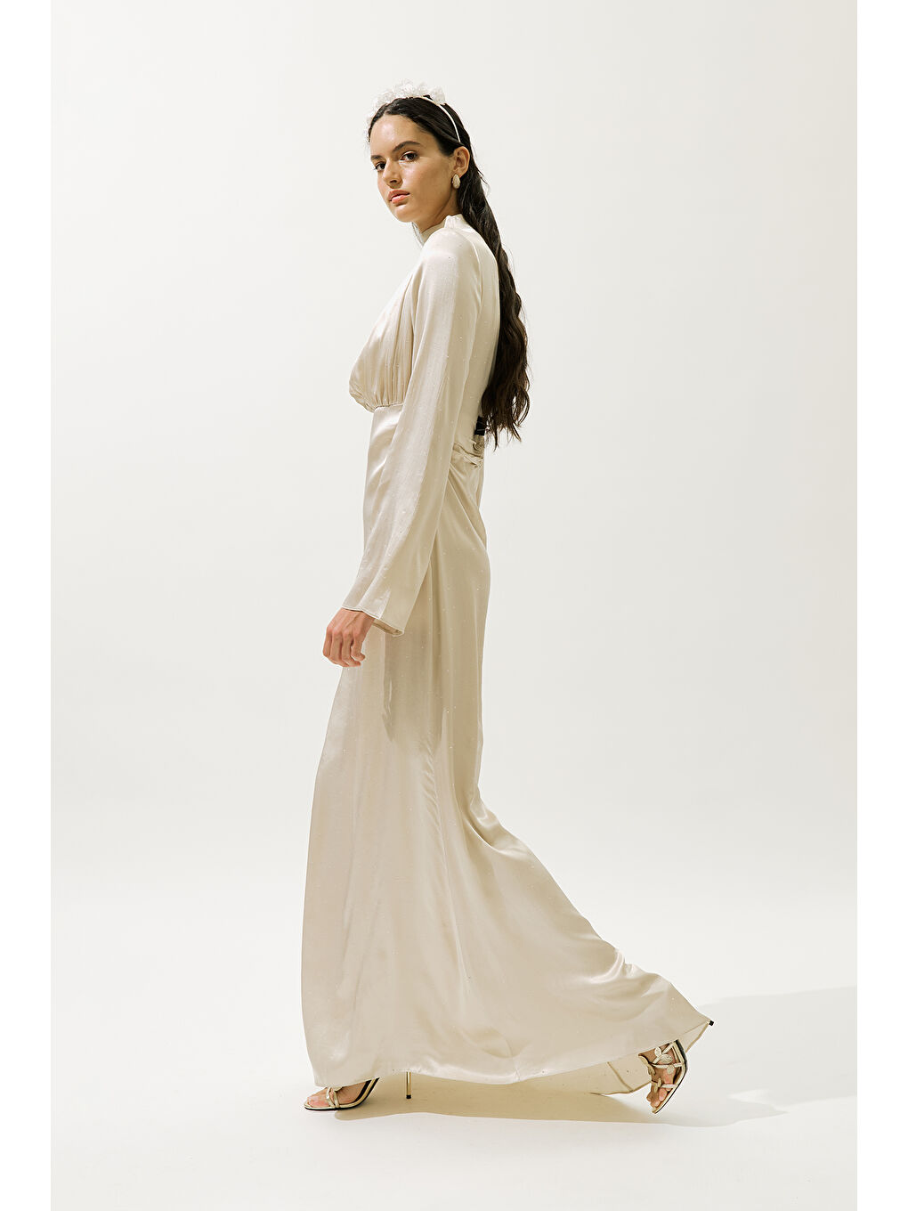 Mıla Taşlı Abiye Elbise Bej-4