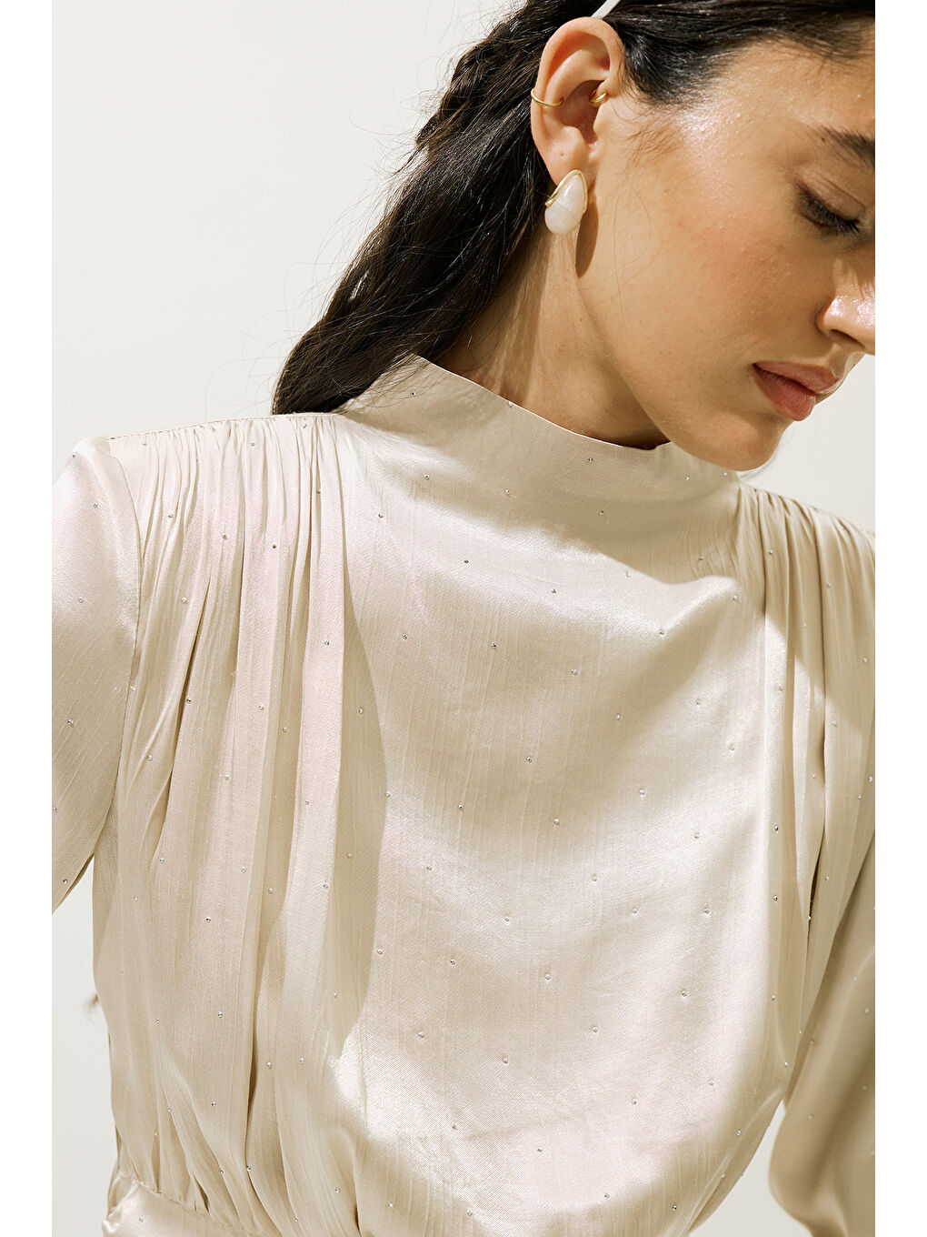 Mıla Taşlı Abiye Elbise Bej-5