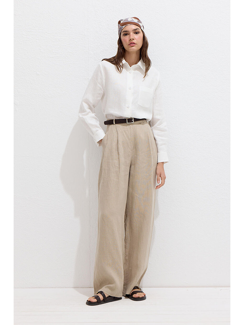 Kaplama Düğmeli Keten Fit Gömlek Ekru-1