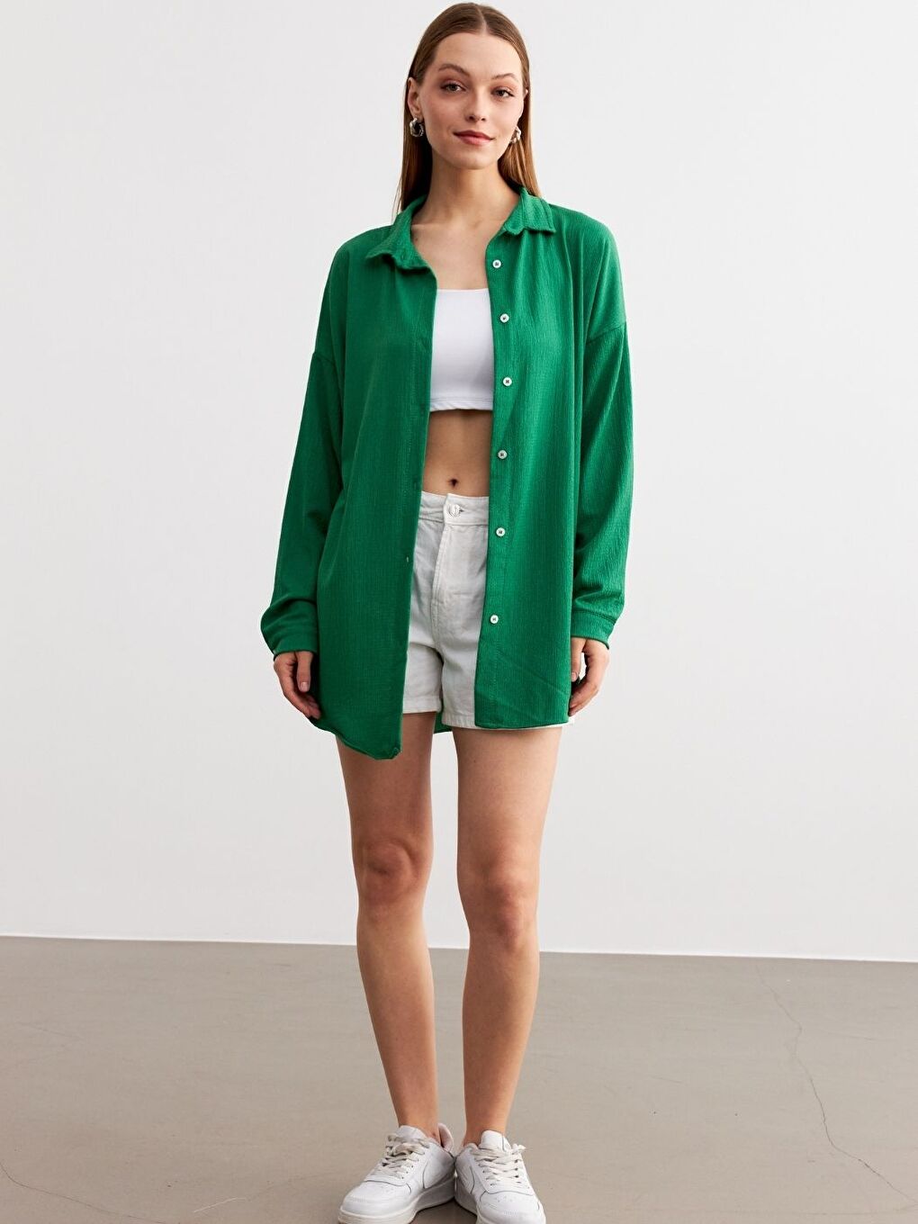 Kadın Yeşil Oversize Uzun Gömlek