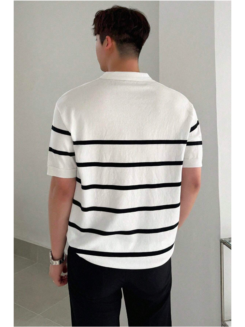 Beyaz Erkek Düğmeli Polo Yaka Çizgi Detaylı Slim Fit Triko Tişört-1