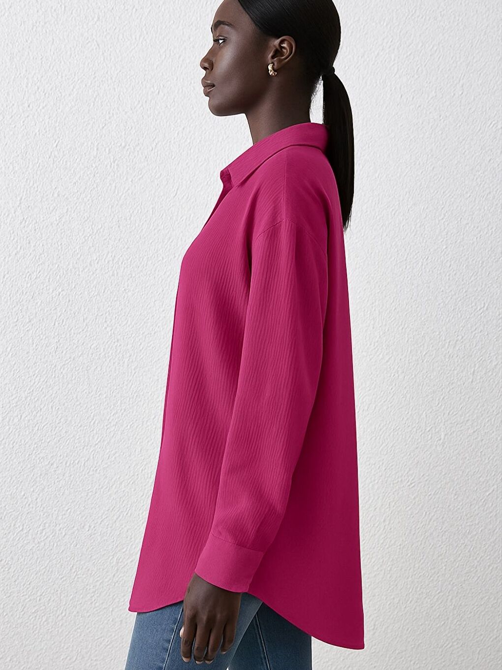 Kadın Fuşya Oversize Uzun Gömlek-1
