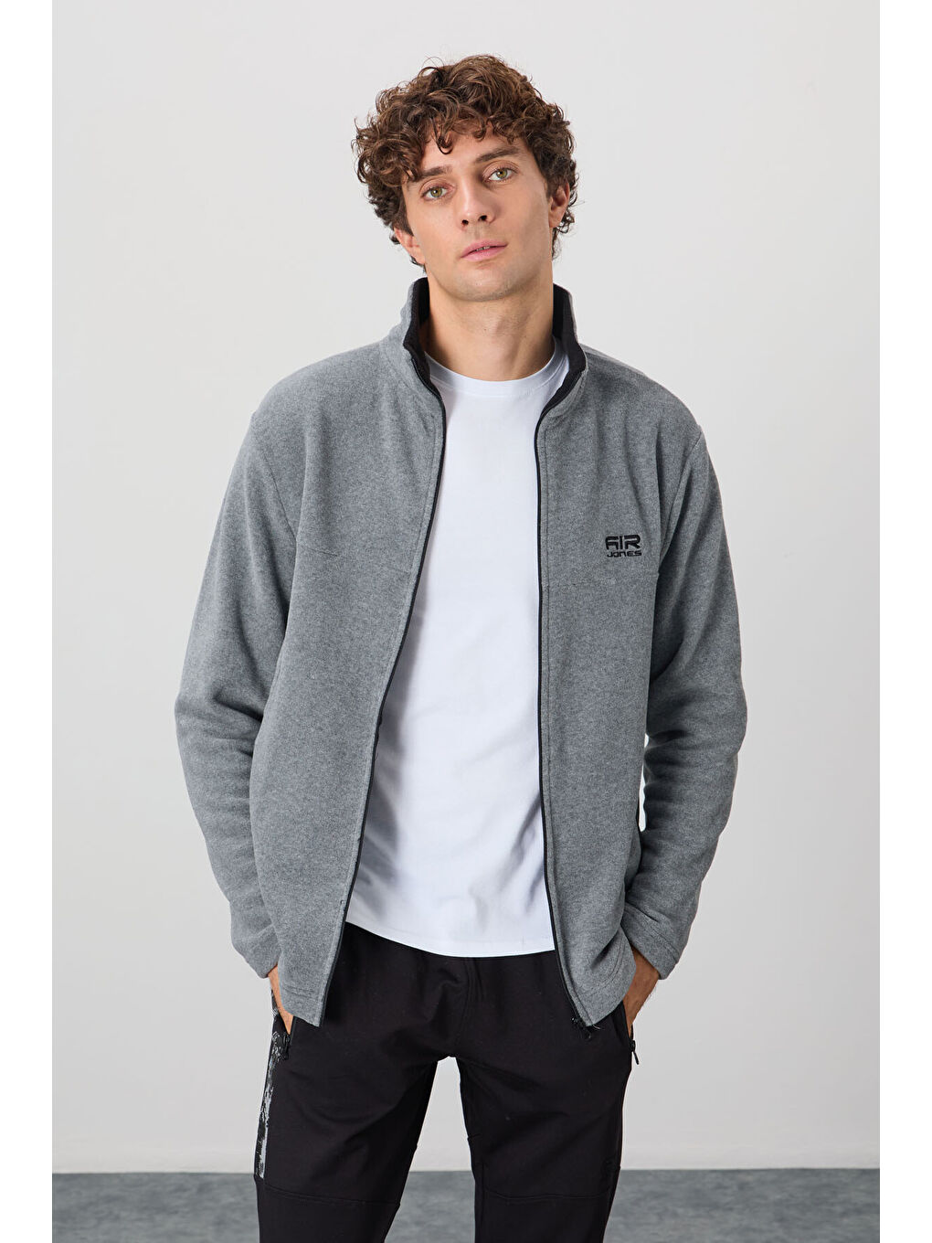 Hardy Gri Melanj Standart Kalıp Polar Erkek Fermuarlı Sweatshirt - 88299