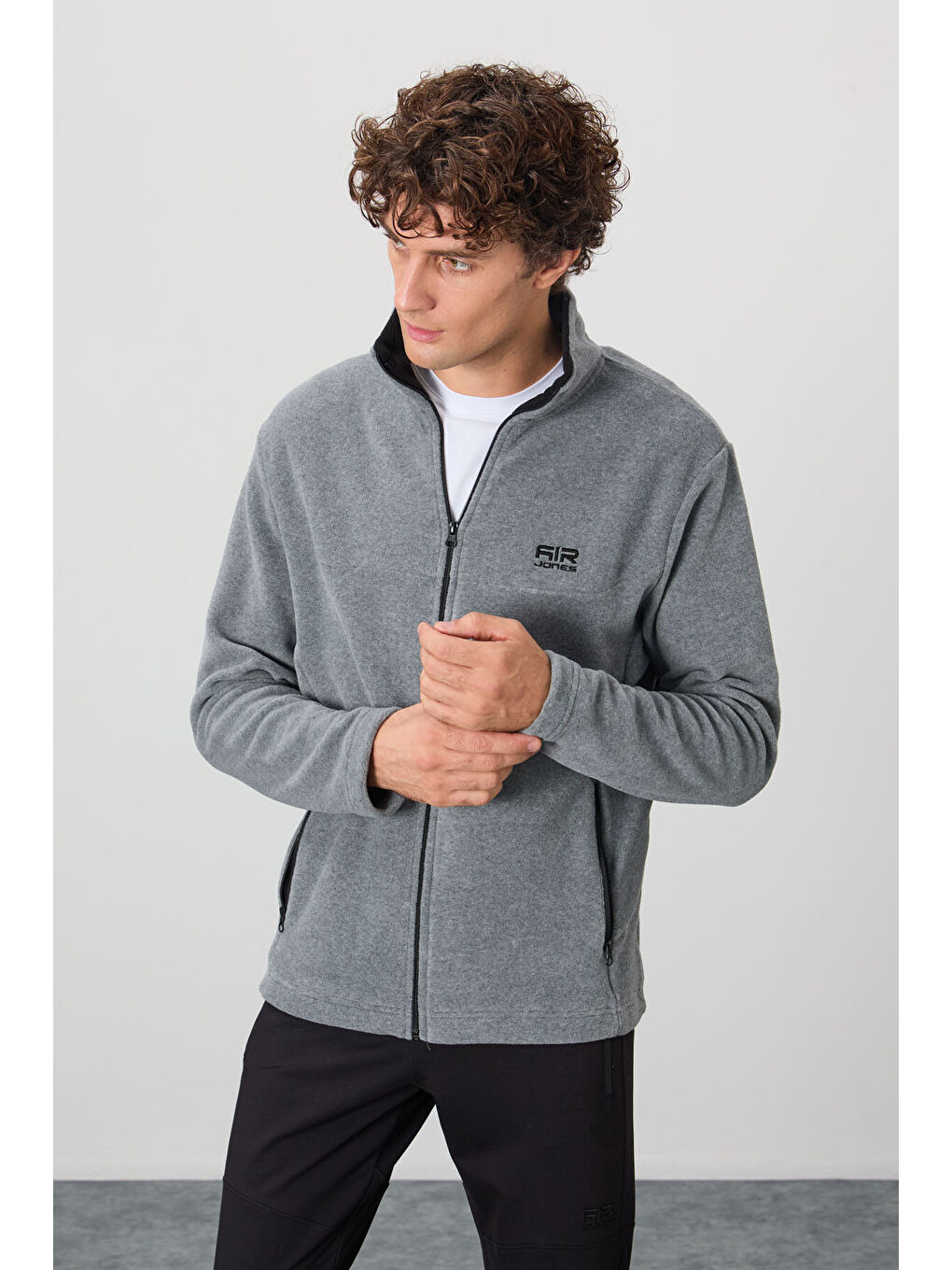 Hardy Gri Melanj Standart Kalıp Polar Erkek Fermuarlı Sweatshirt - 88299-2