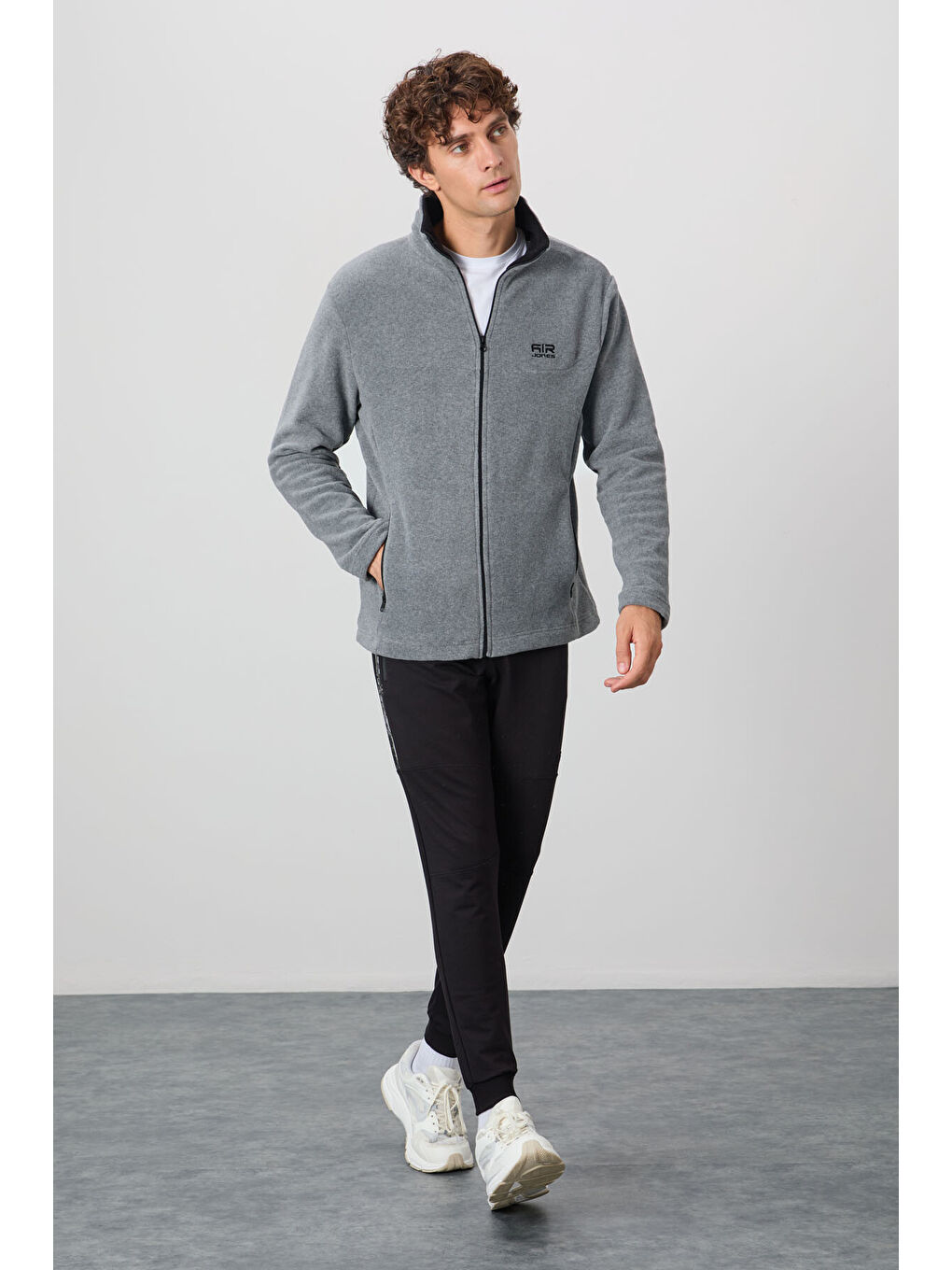 Hardy Gri Melanj Standart Kalıp Polar Erkek Fermuarlı Sweatshirt - 88299-3