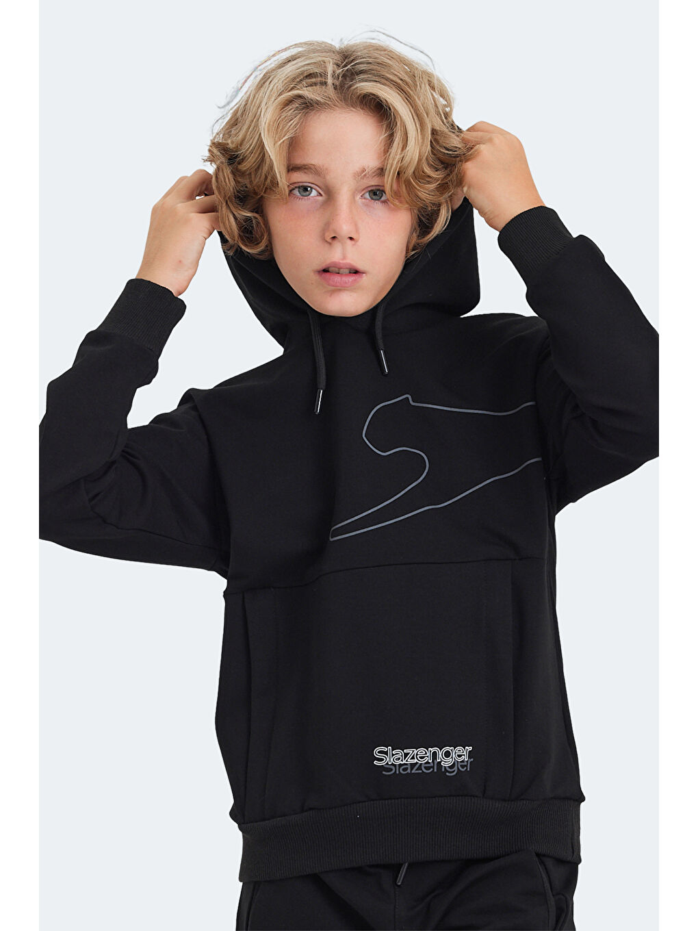 LINK Unisex Çocuk Kapüşonlu Cepli Siyah Sweatshirt-3